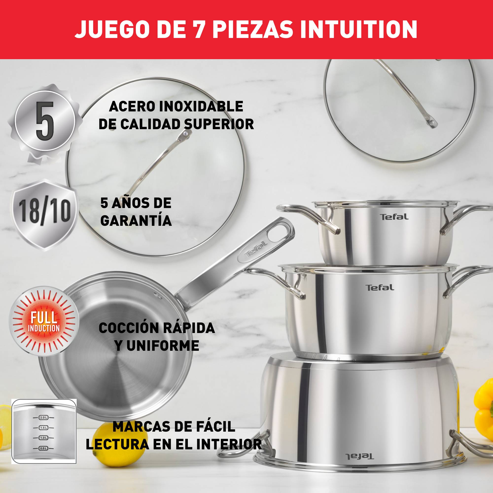Intuition XL, Set de 7 piezas,  3 Ollas 16/20/24cm + 1 cazo 16cm + tapas,  Acero Inoxidable, Apilable, Inducción