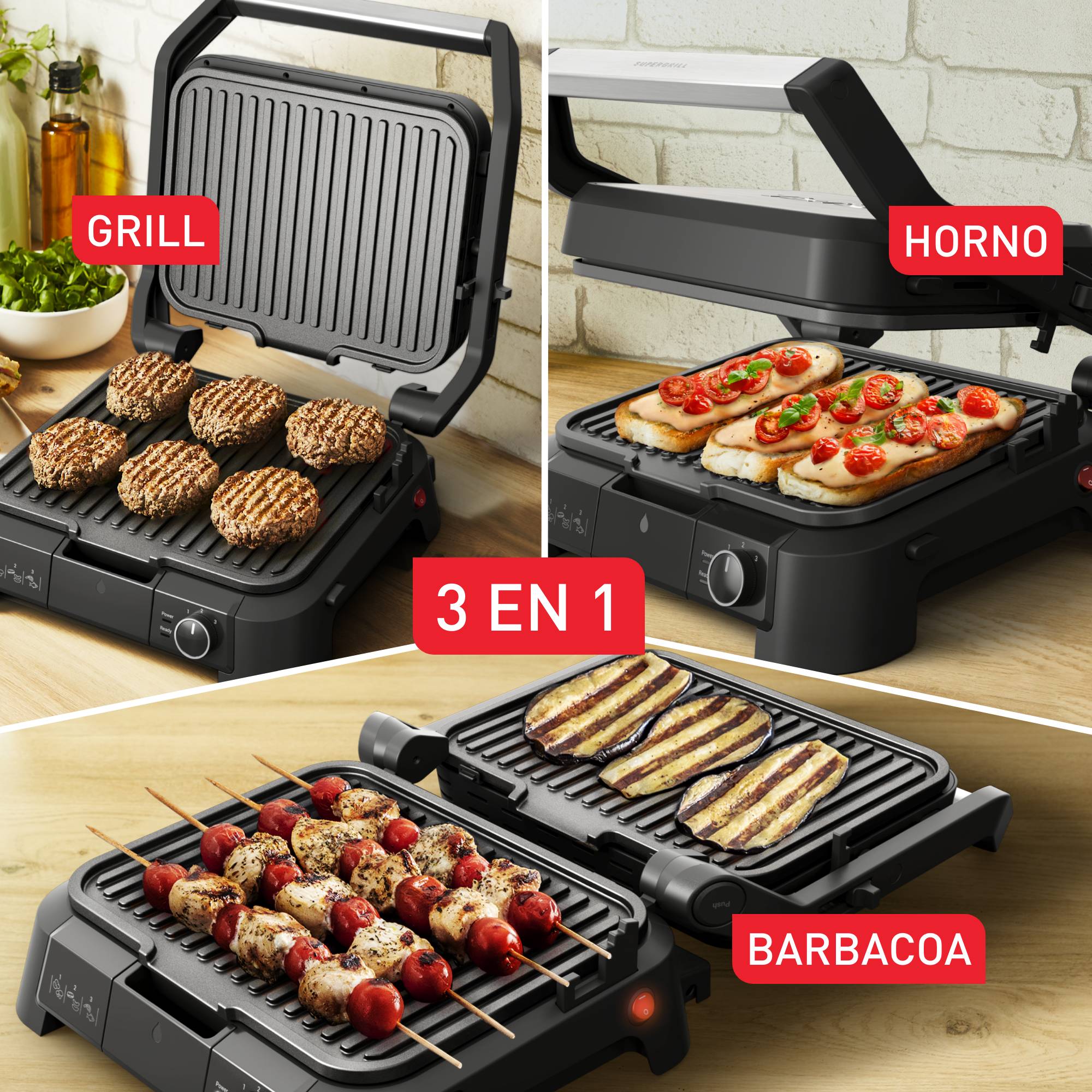 SuperGrill 3in1, Grill de contacto, Barbacoa y Horno, 2000 W, 3 alturas, Termostato regulable