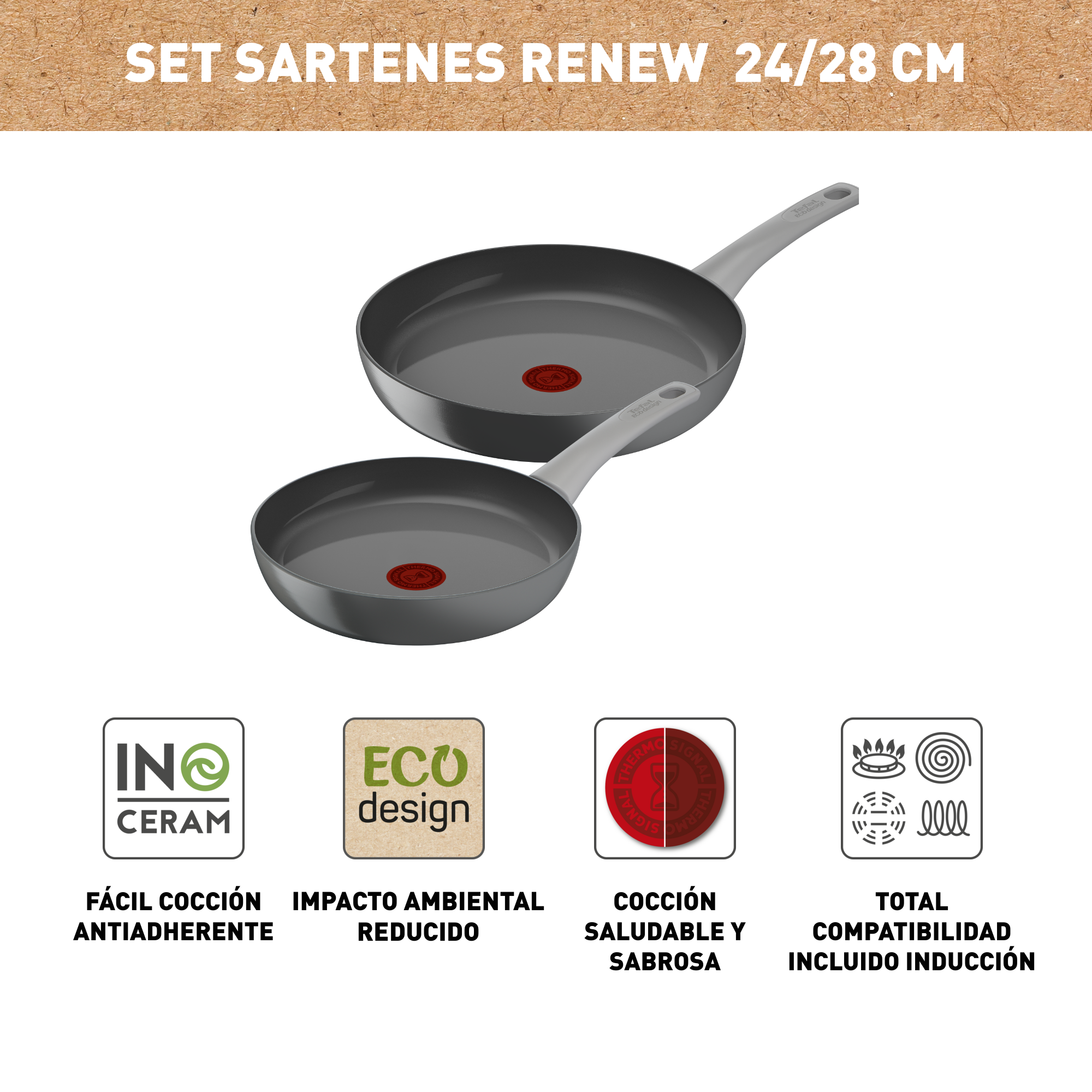 Renew On, Set Sartenes 2 piezas, 24/28 cm, Aluminio+Cerámica, Inducción