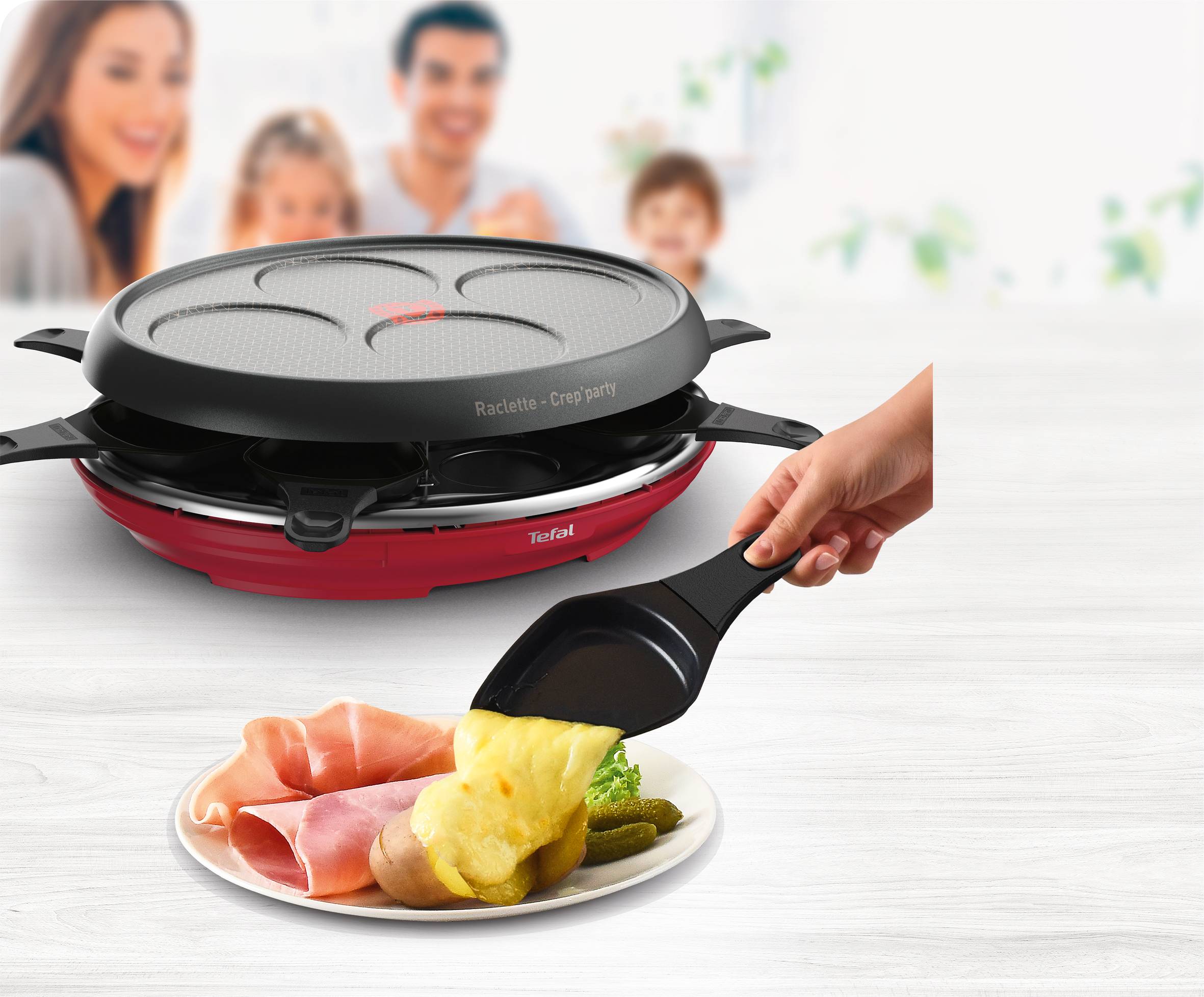 Raclette y Crep'party 2 en 1, 1050W, Revestimiento Antiadherente, Placa Apta Para Lavavajillas, 8 Bandejas