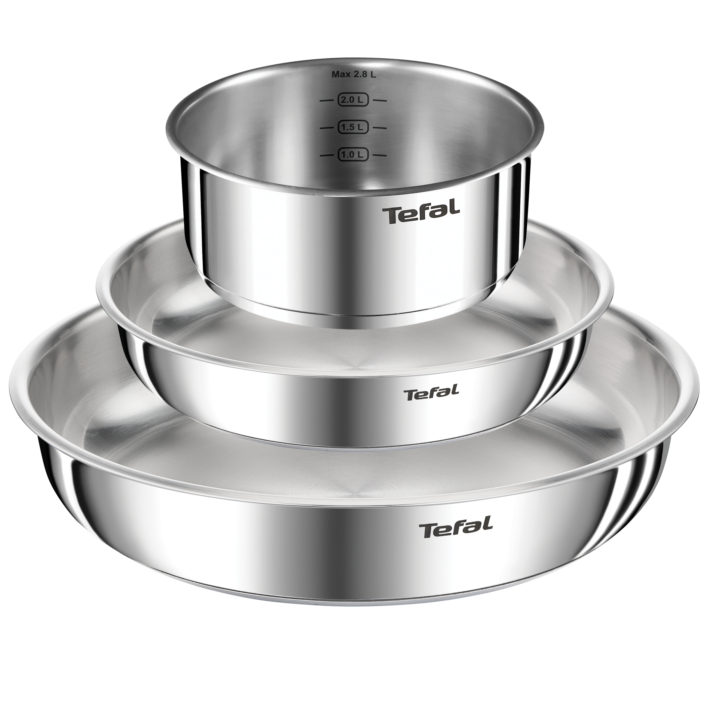 Ingenio Emotion, Set de cocina de 4 piezas, Sartenes 24/28 cm, Cazo 20, Mango Extraíble, Acero Inoxidable, Sin Revestimiento, Apilable, Inducción