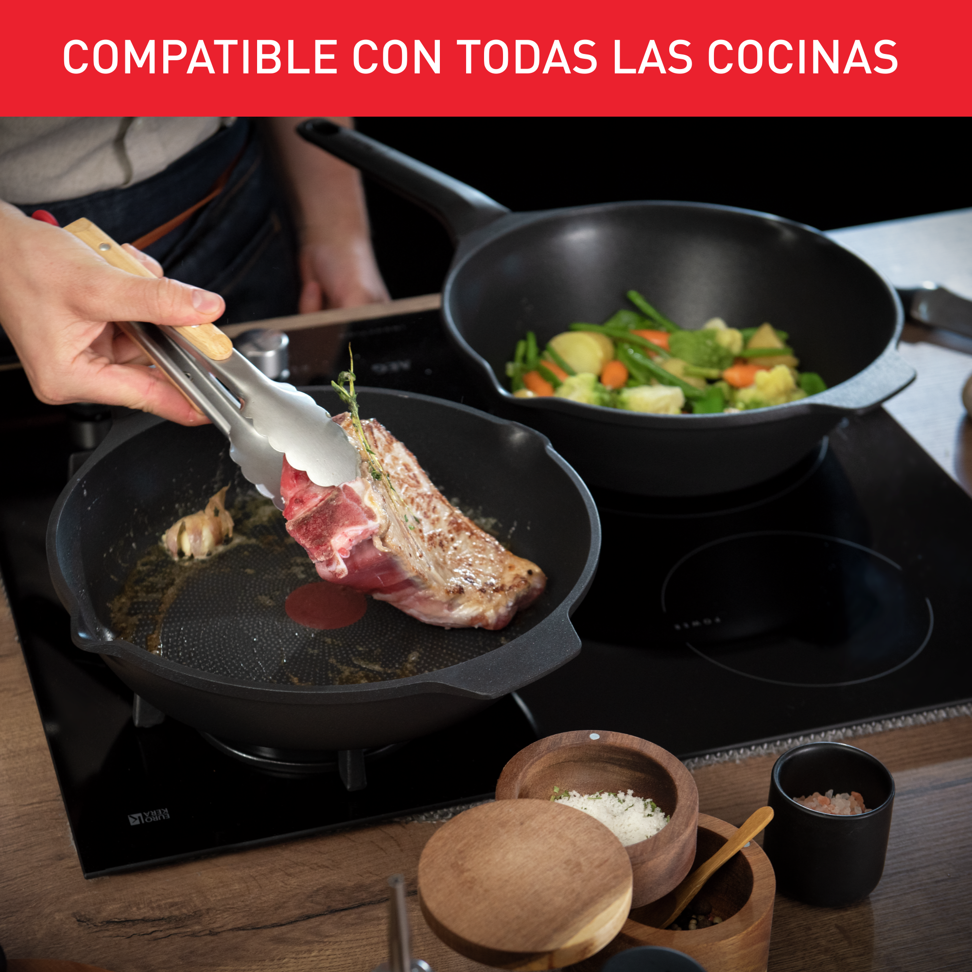 Robusto, Sartén Wok 28 cm, Aluminio fundido, Retención de calor, Revestimiento antiadherente, Negro