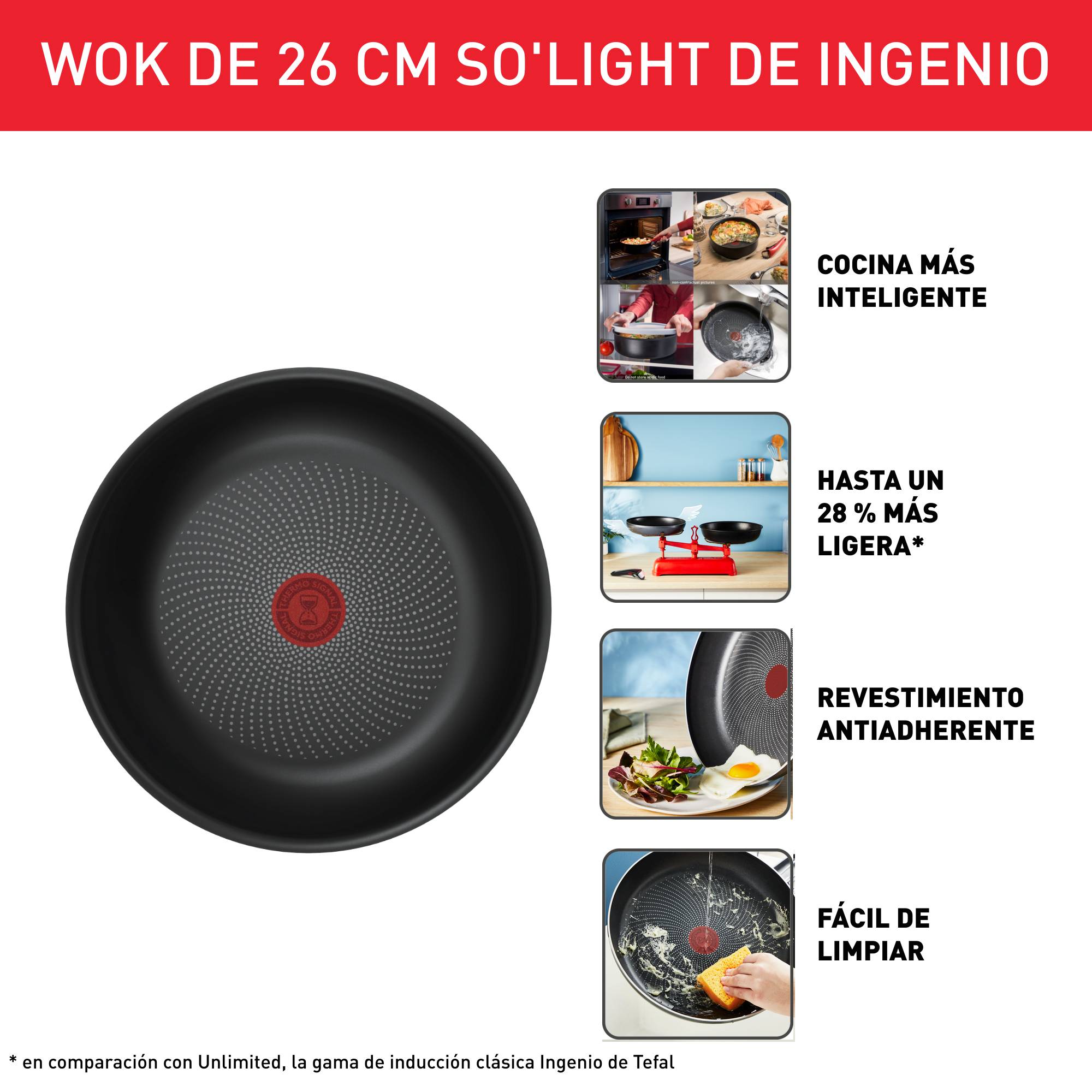 Ingenio So'Light, Wok de 26 cm, Ligero, Inducción, Revestimiento Antiadherente