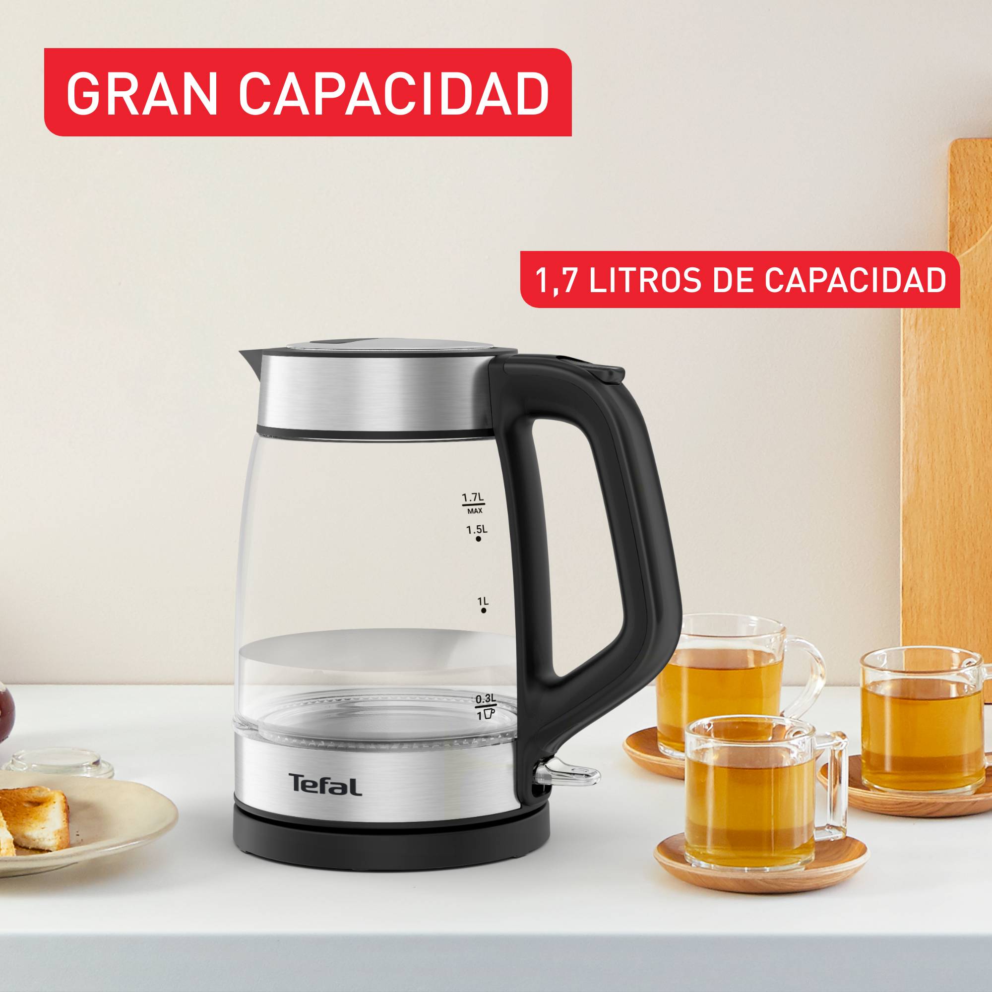 Hervidor Glass Kettle, 1,7L, Marcas de medición, Cristal