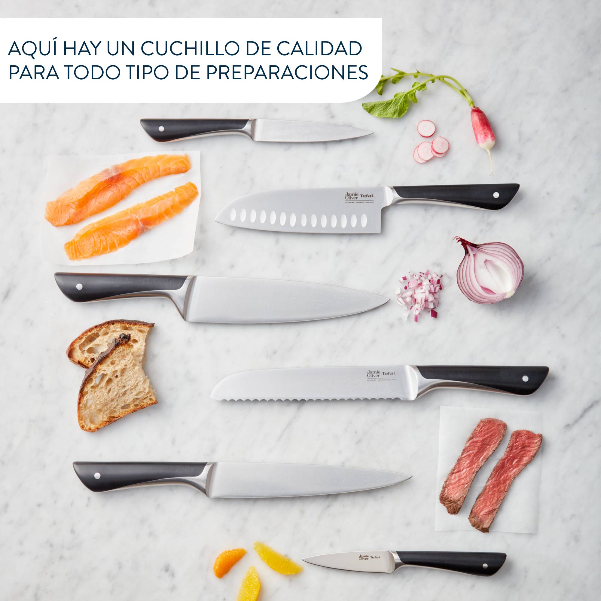 Jamie Oliver, Set 6 cuchillos + Soporte de madera, Acero Inoxidable 18/10, Peso equilibrado