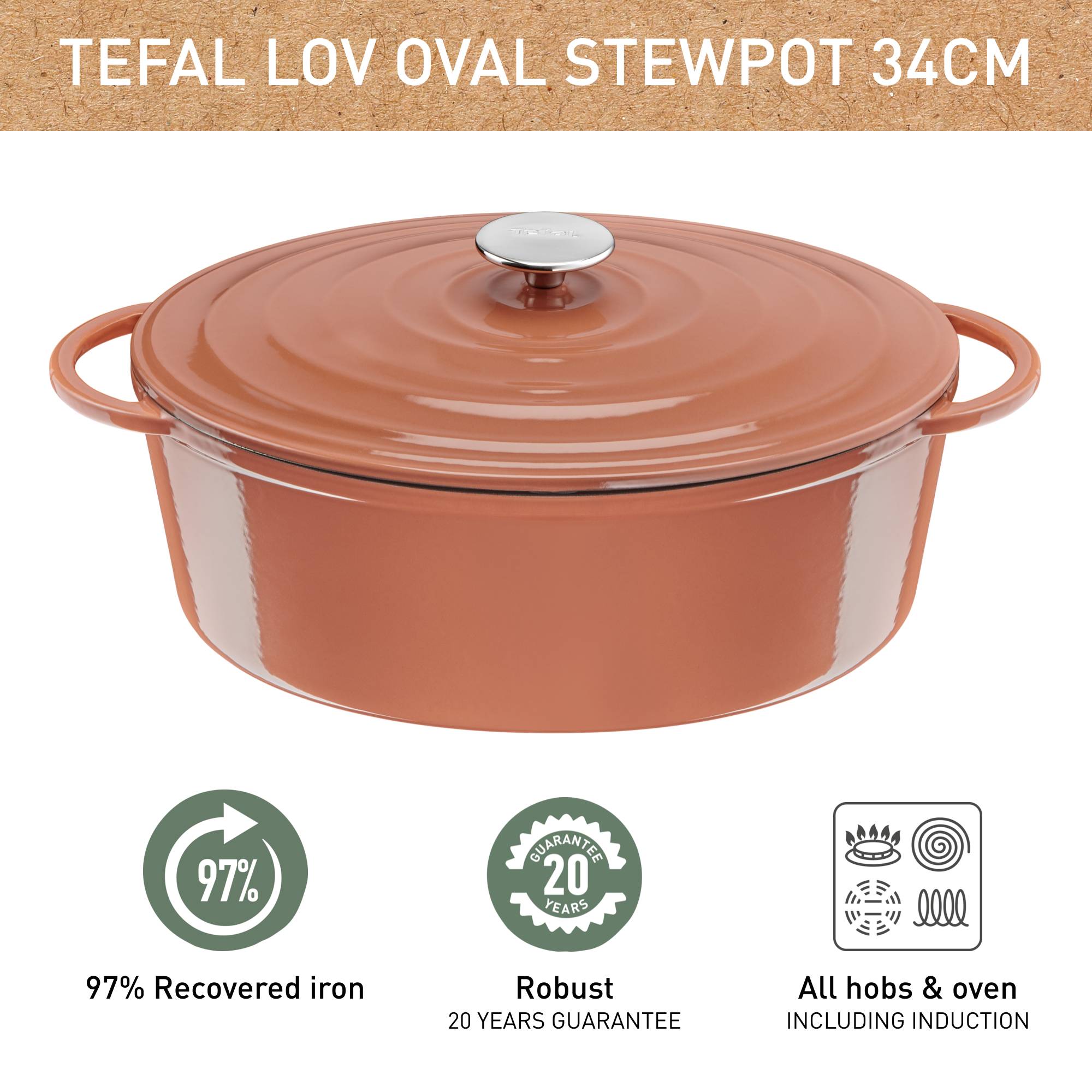 LOV, Cacerola de 34 cm, Diseño Eco, Incluye Tapa, Terracotta