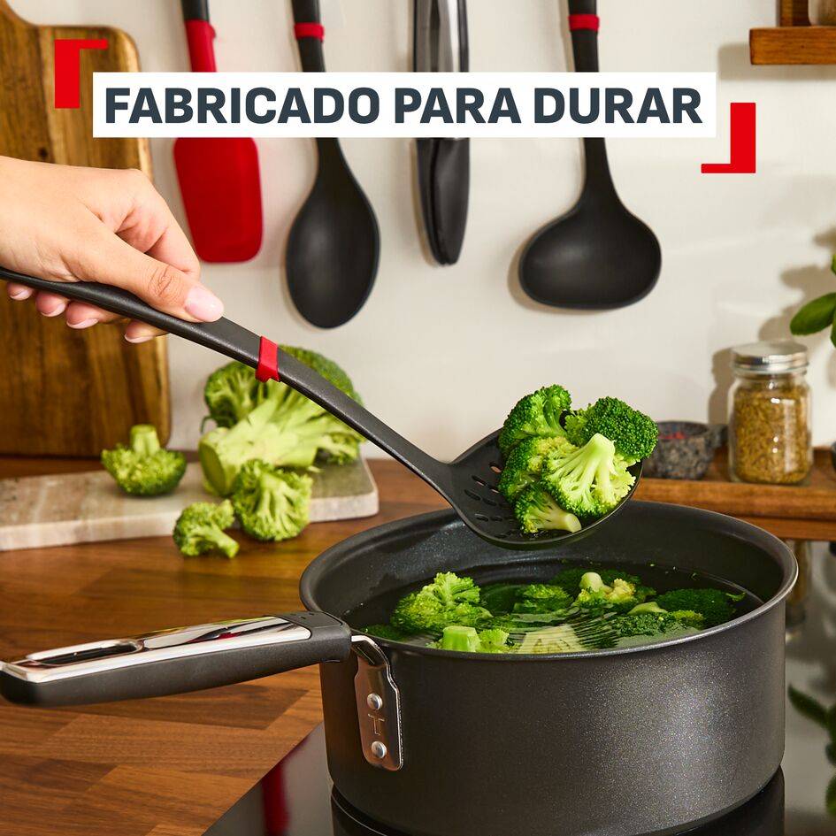 Ingenio+ Cucharón colador, Robusto, Resistente al calor hasta 230º, Apto para lavavajillas, Negro y rojo