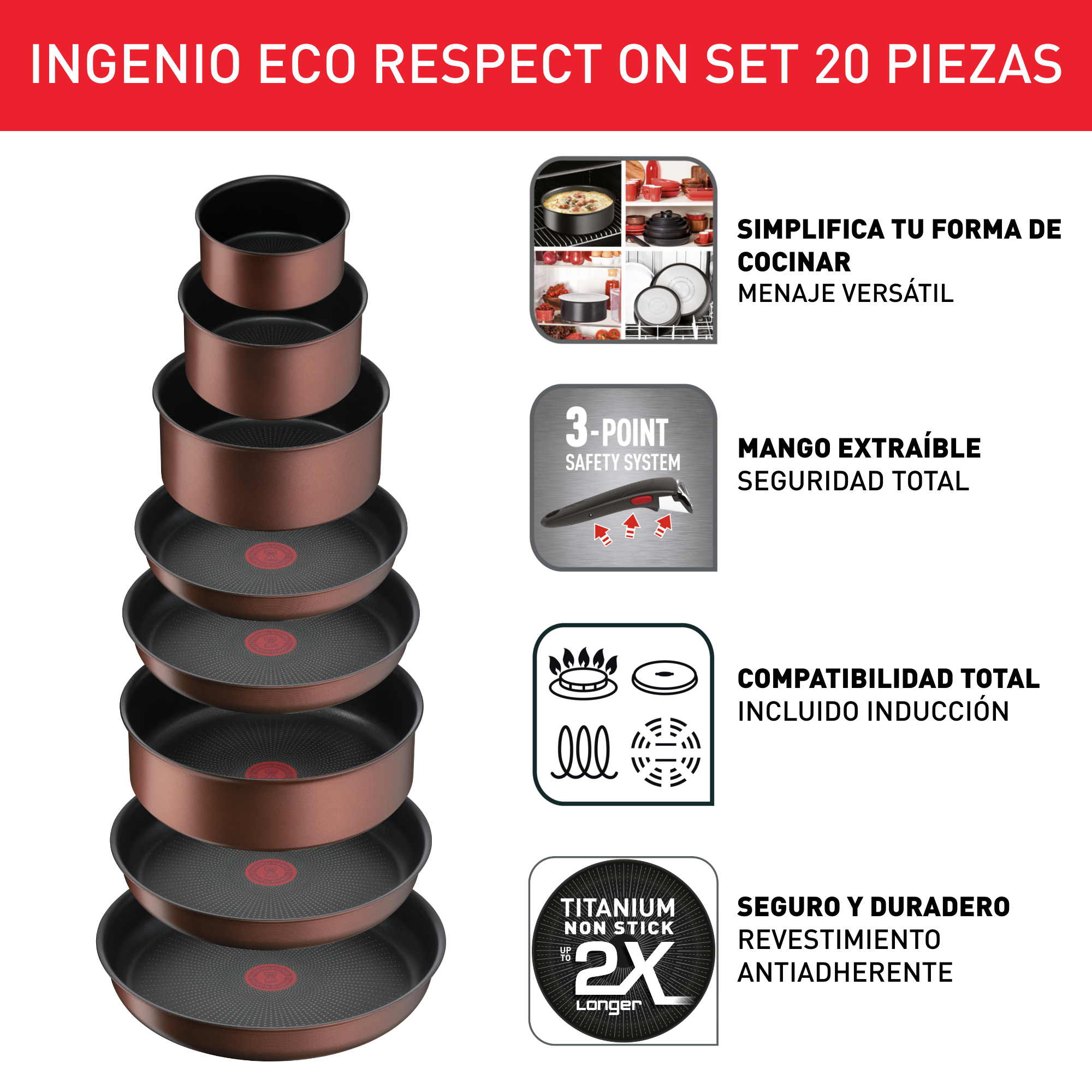 Ingenio Eco Respect, Set 20 piezas, Reciclado, Antiadherente, Apilable, Cobre