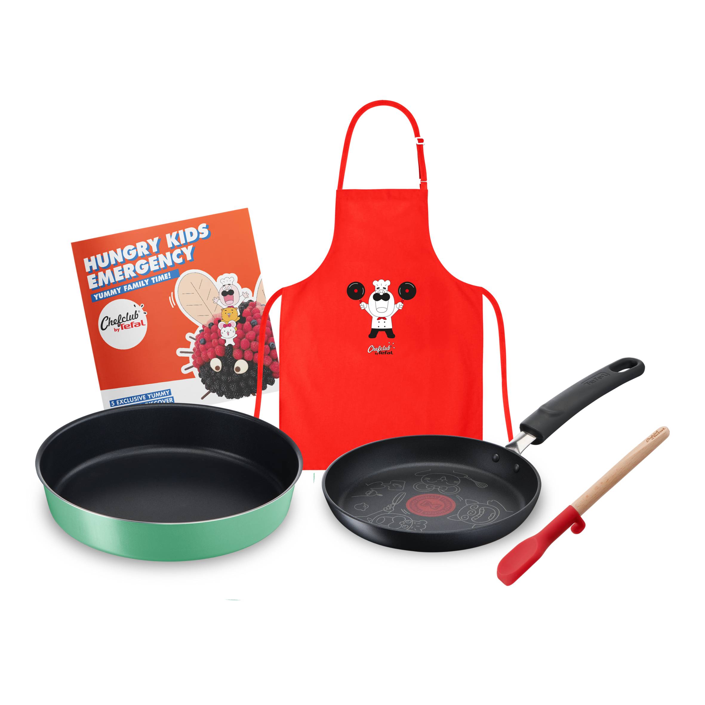 SET COCINA CHEFLCUB: SARTÉN 19 CM, MOLDE PASTEL 26 CM, MINI ESPÁTULA, DELANTAL, LIBRO RECETAS
