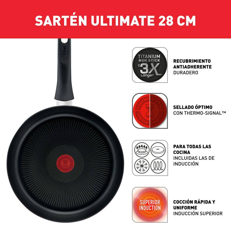Ultimate On, Set 3 sartenes de Mango Fijo, 20/24/28 cm, Revestimiento antiadherente, Inducción, Negro