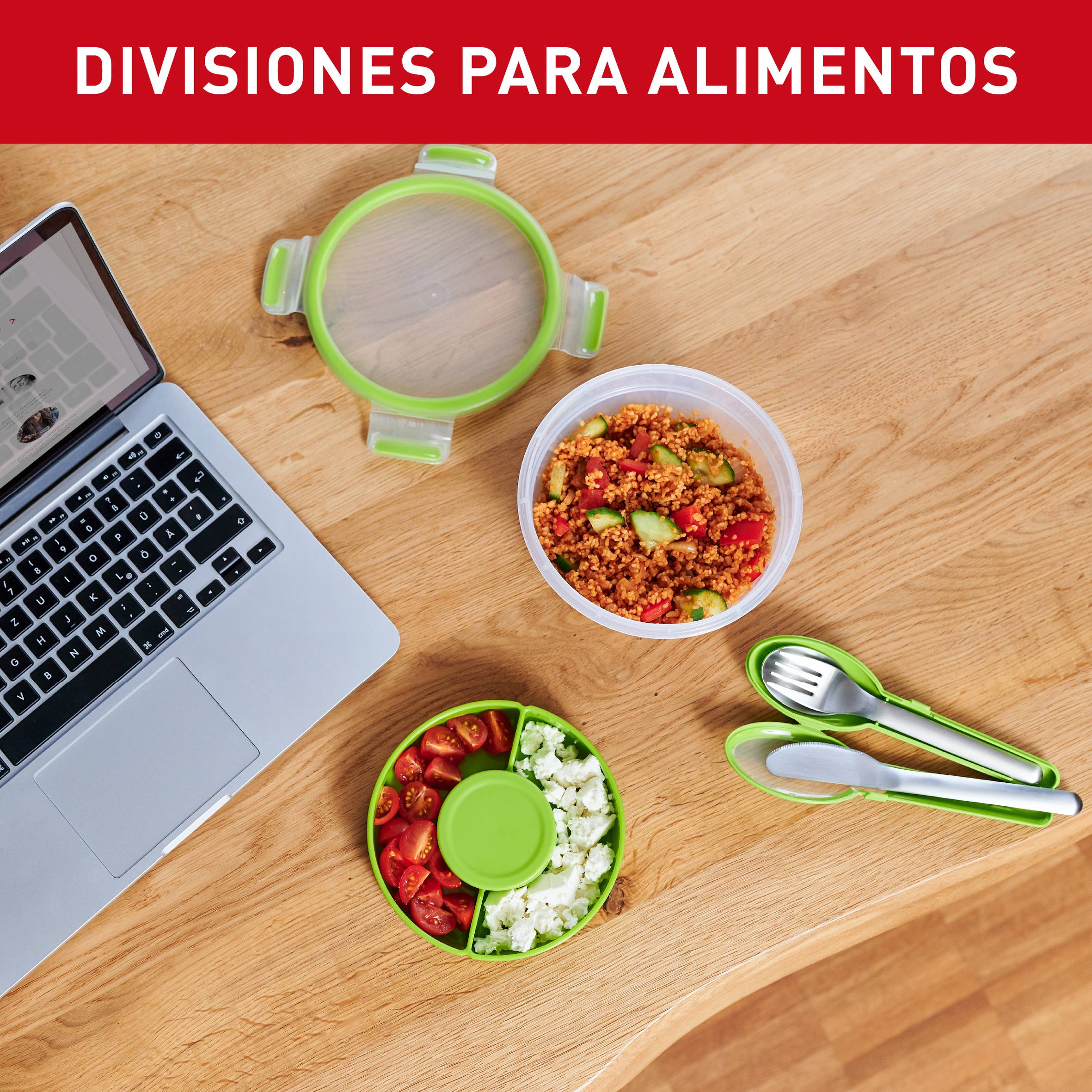 Masterseal&Go, Hermético de plástico para ensaladas, 1 L, Compartimento para salsas, Redondo, Verde