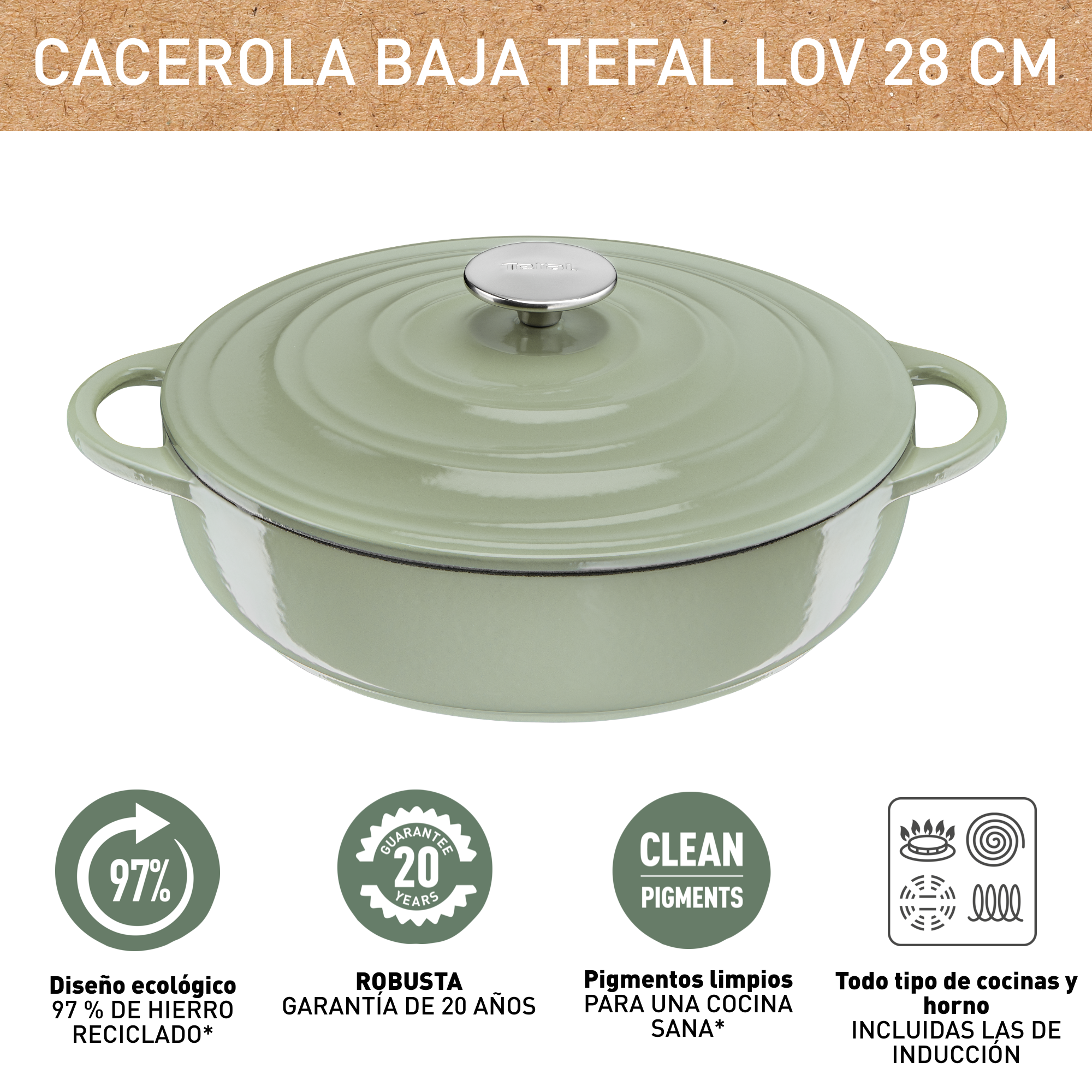 LOV, Cacerola baja de 28 cm, 3,8 L, Verde