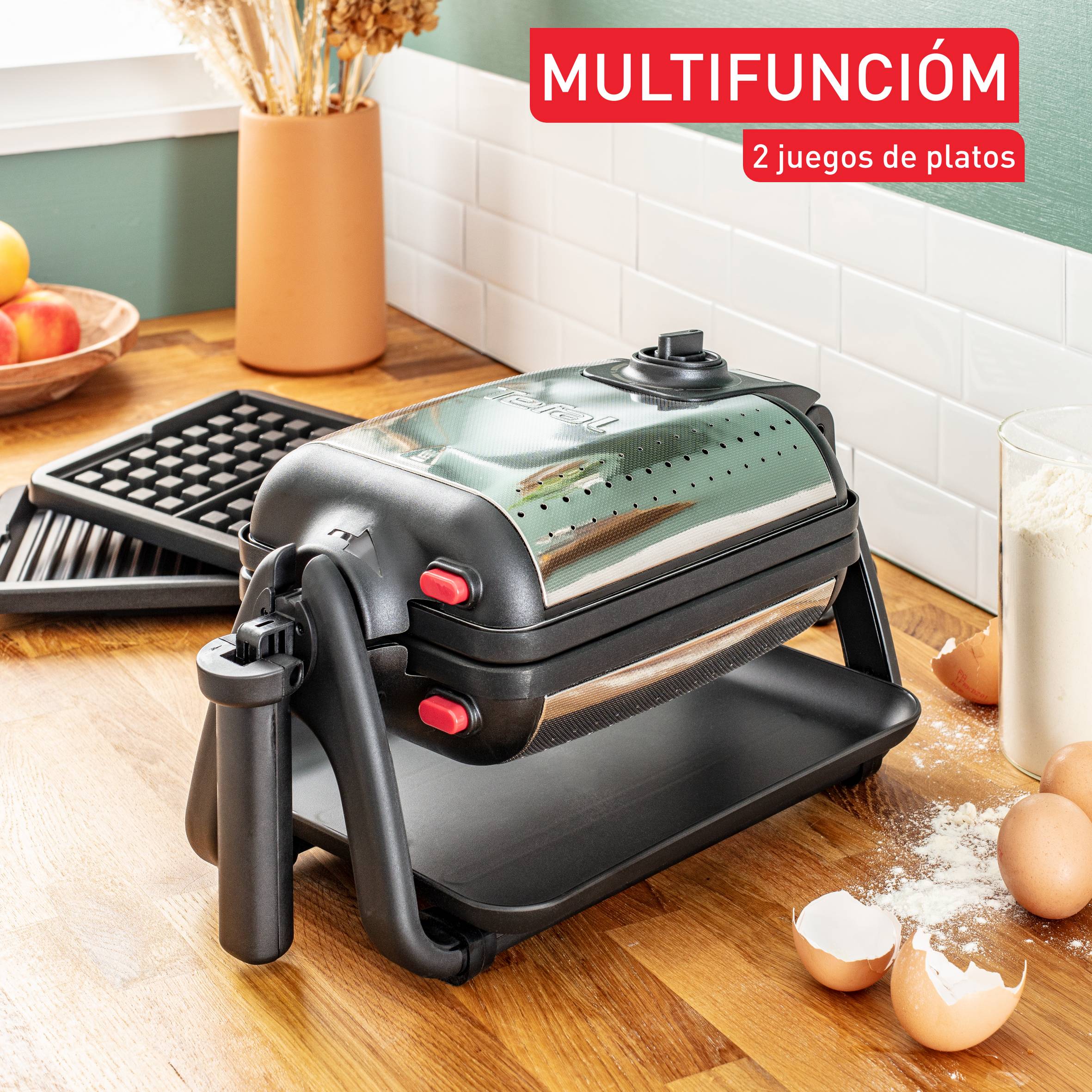 King Size, Gofrera y grill, 4 en 1, 2 sets de placas, Termostato ajustable, Indicador de Calor