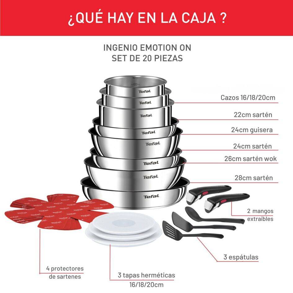 Ingenio Emotion On, Set de 20 piezas, Incluye Mangos Extraíbles, Acero Inoxidable 18/10, Revestimiento antiadherente, Apilable, Inducción