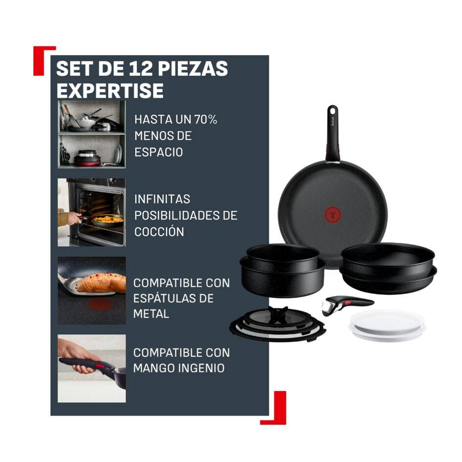 Ingenio Expertise Set de 12 piezas: Sartén 26/28 cm + Cacerola 20 cm + Wok 26 cm + Sartén para saltear 24 cm + Accesorios, Apilable, Revestimiento antiadherente, Inducción