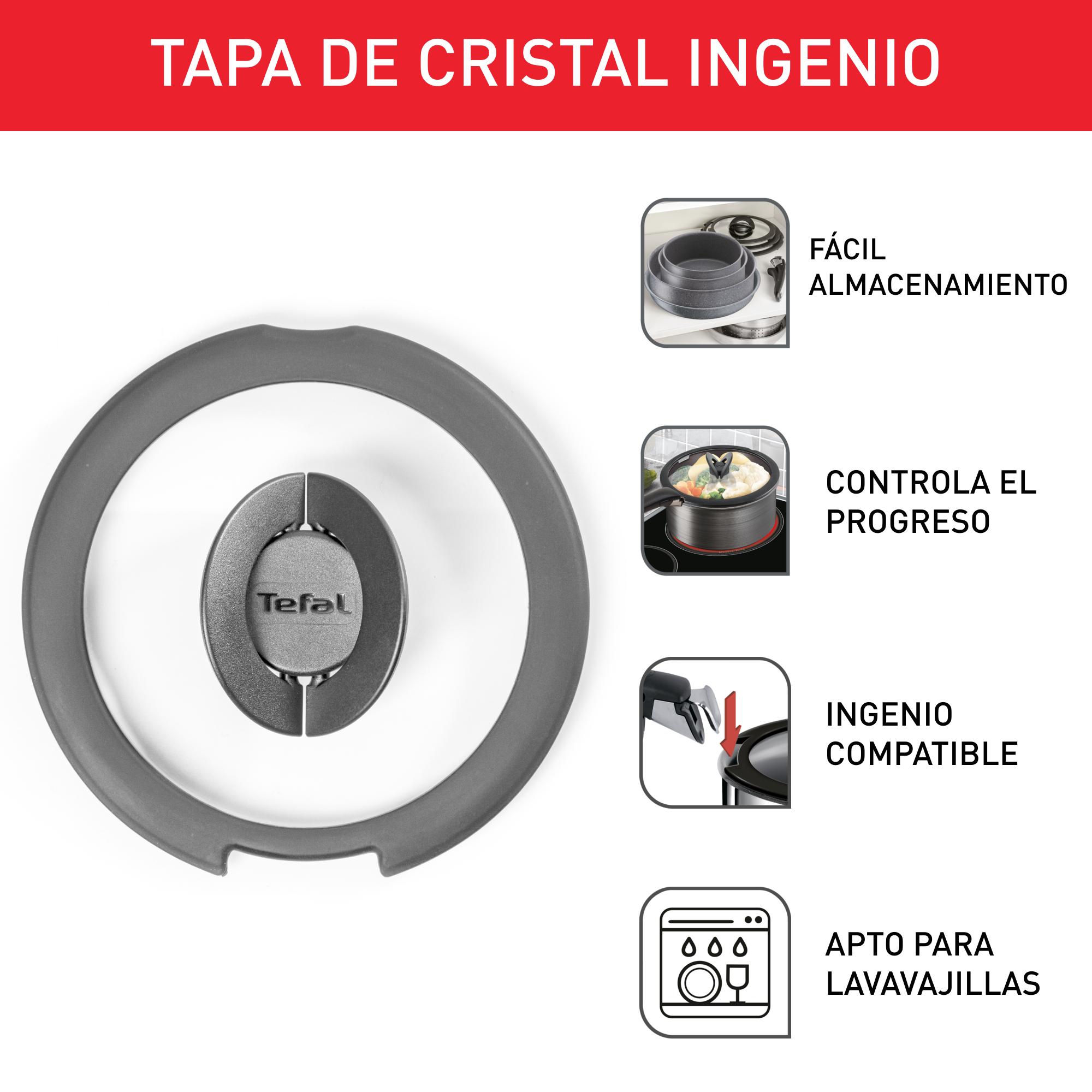 Ingenio, Tapas de Cristal, 16/18/20 cm, Almacenamiento fácil, Compatible con Ingenio