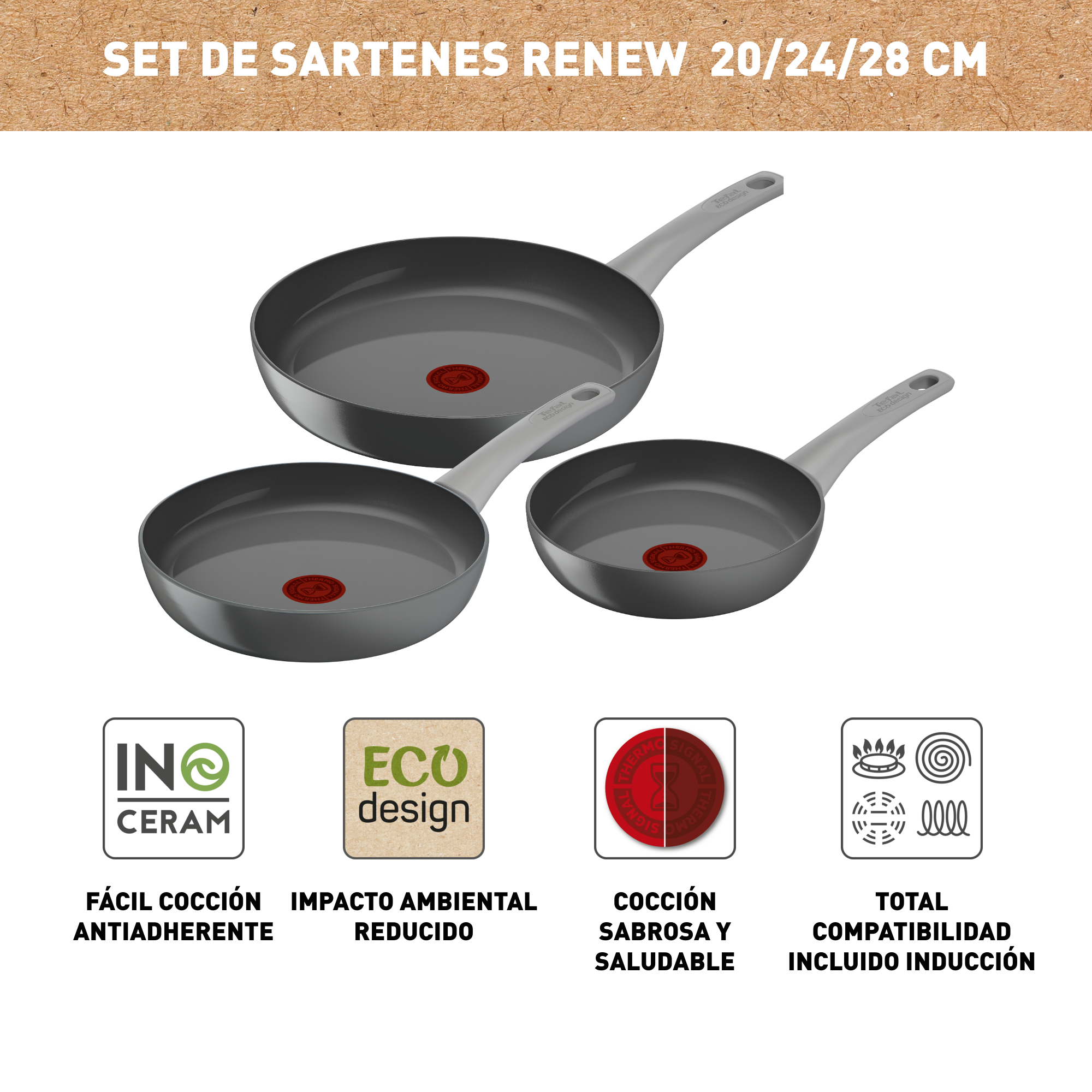 Renew On, Set 3 sartenes, 20/24/28 cm, Inducción, Diseño Ecológico, Aluminio+Cerámica