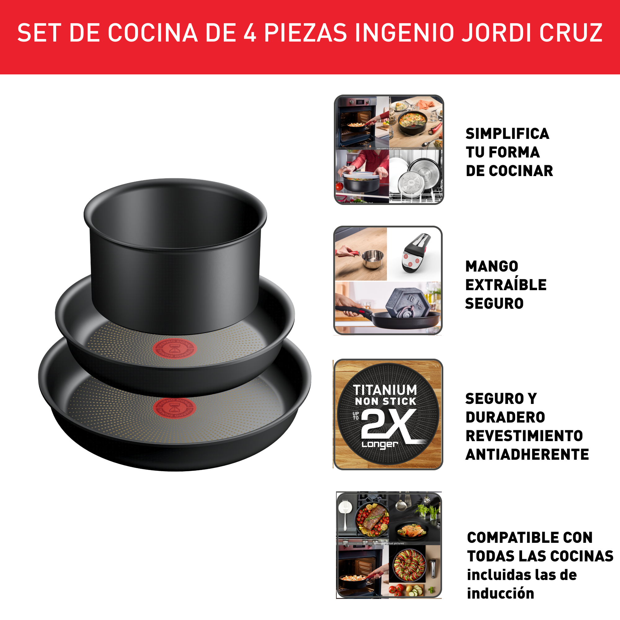 Ingenio Jordi Cruz, Set de Sartenes 22/26 cm + Cazo 16cm + Mango Extraíble, Apilables, Inducción, Negro