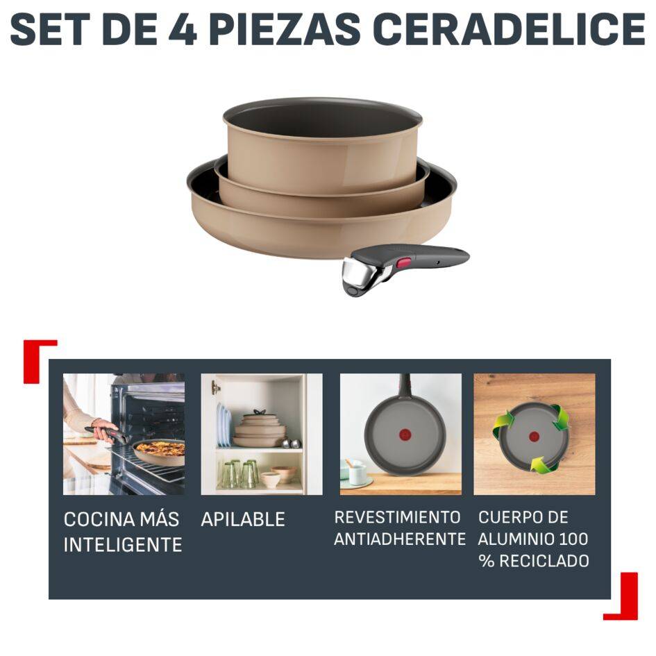 Ingenio Ceradelice, Set de 4 piezas, Sarten 22/28 cm, Cazo 20 cm, Mango extraíble, Apilable, Inducción