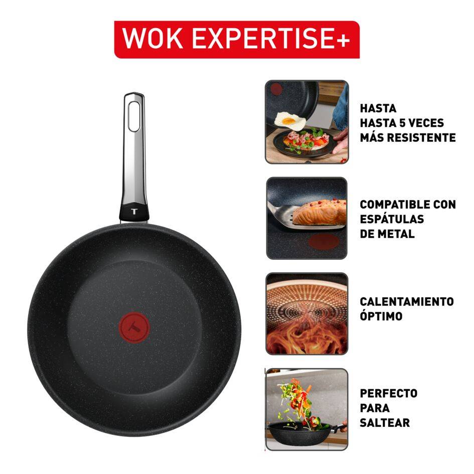 Expertise+, Wok de 28 cm, Revestimiento antiadherente, Compatible con inducción, 4-5 personas