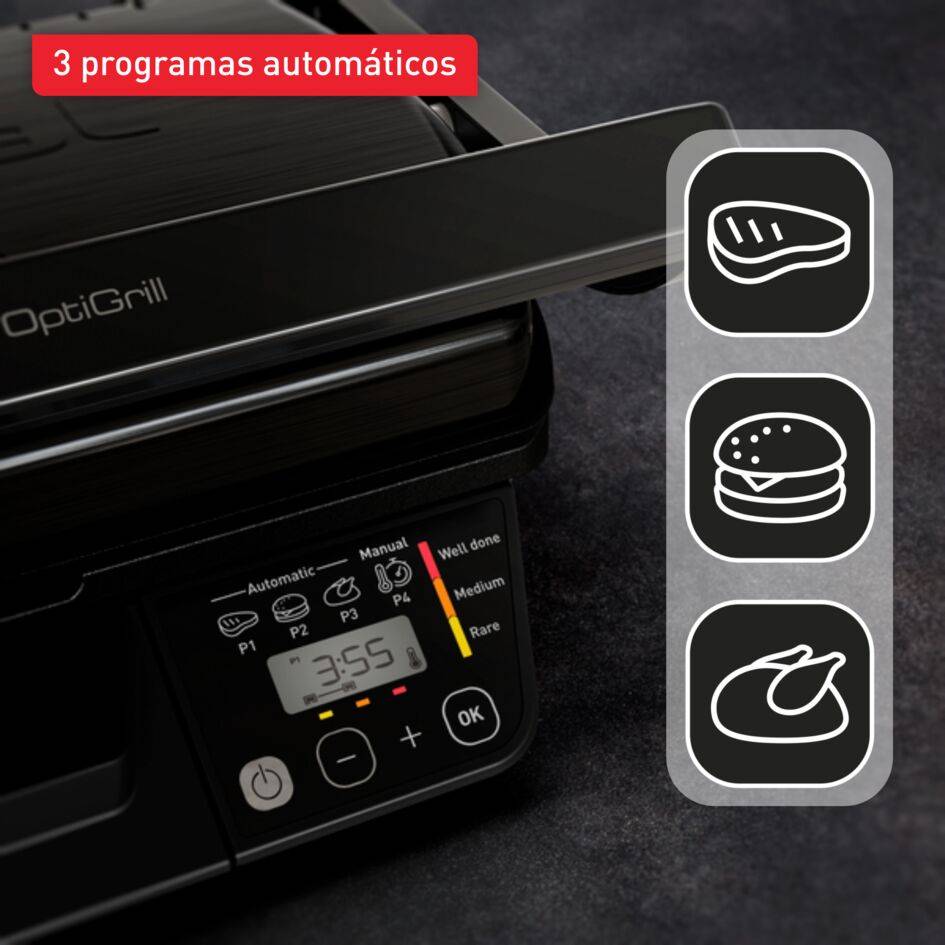 OptiGrill, Contacto Inteligente, 3 Programas Automáticos, Fácil de Limpiar