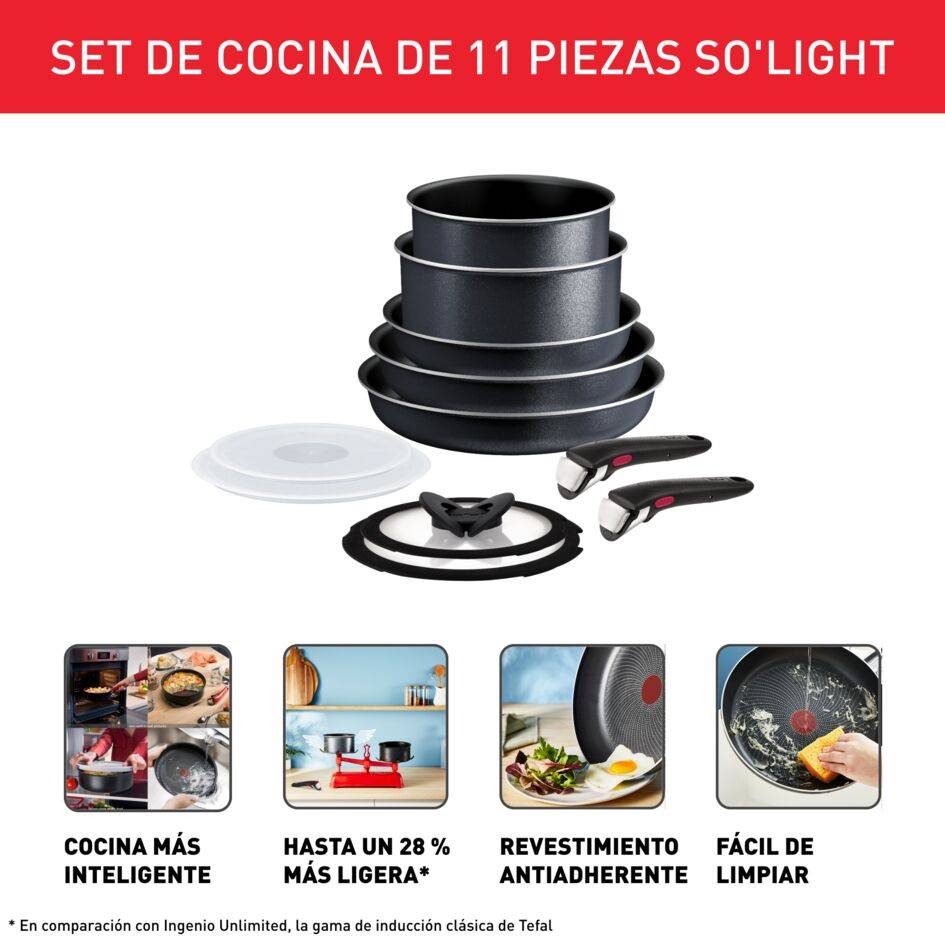 Ingenio So'Light, Set de 11 piezas, Apilable, Tecnología Light Tech, Revestimiento Antiadherente de Titanio, Compatible con inducción