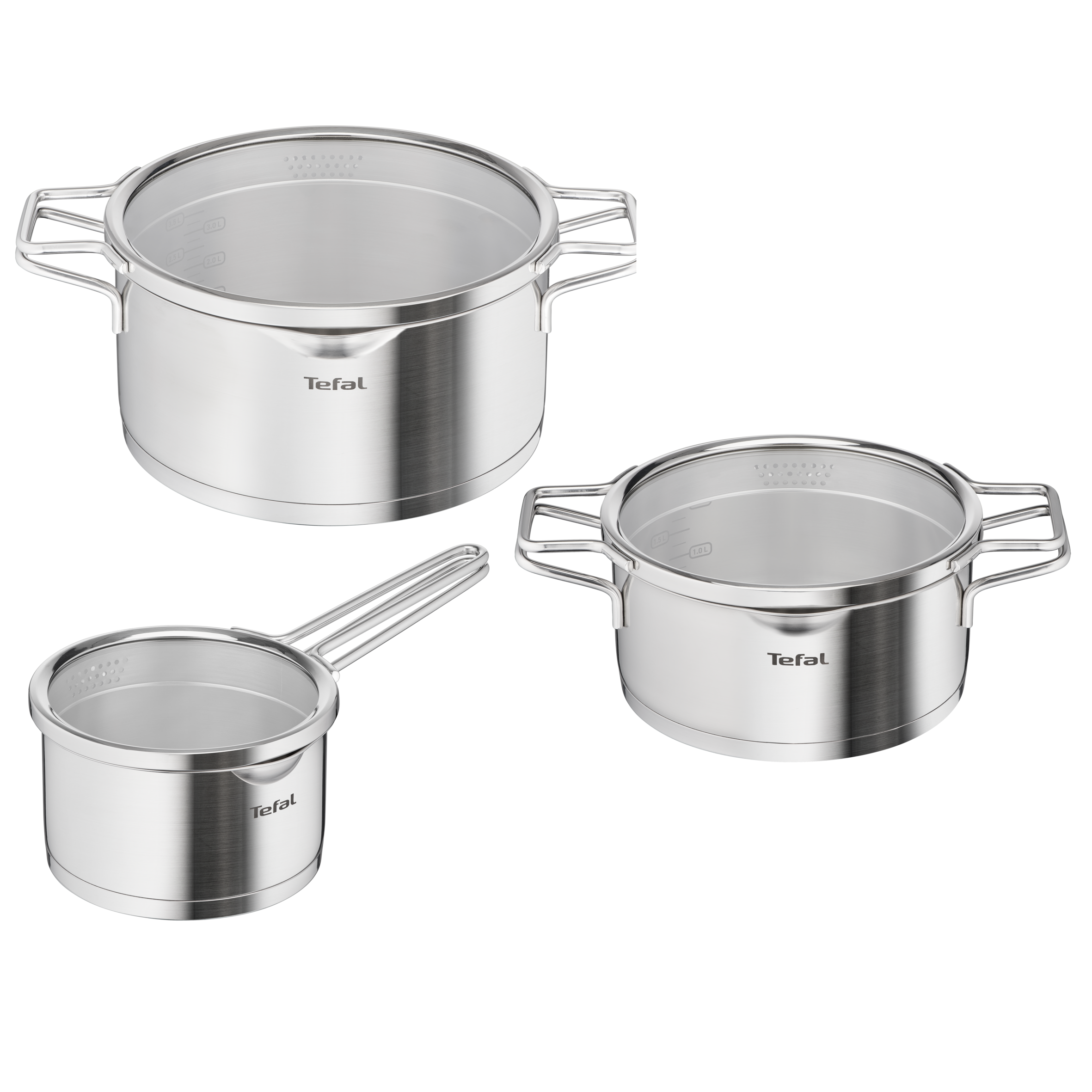 Nordica, Set de 6 piezas: Cacerola de 16 cm, Ollas de 20/24 cm con tapas, Sartenes de Acero Inoxidable de Primera Calidad