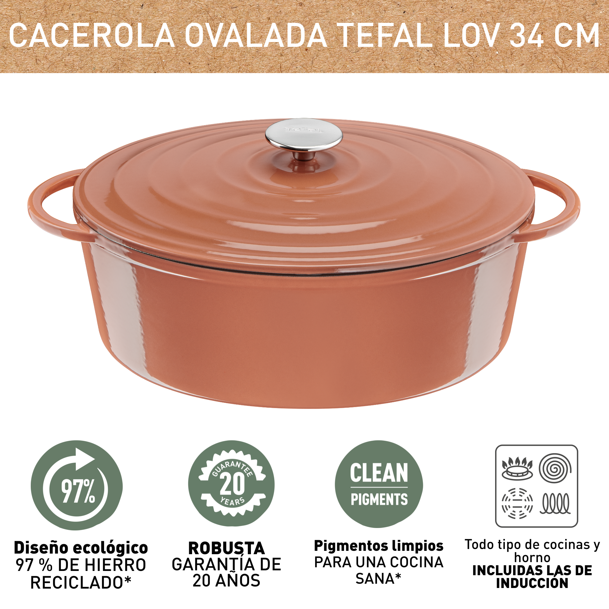 LOV, Cacerola de 34 cm, 7,2 L, Terracotta