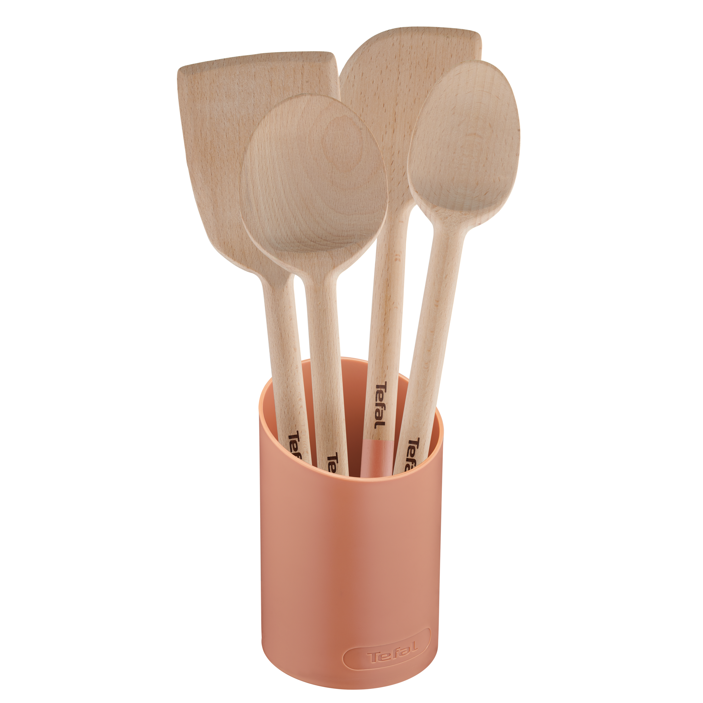 Kit Natura de 4 utensilios de cocina, Madera con mango pintado, Terracotta, Soporte