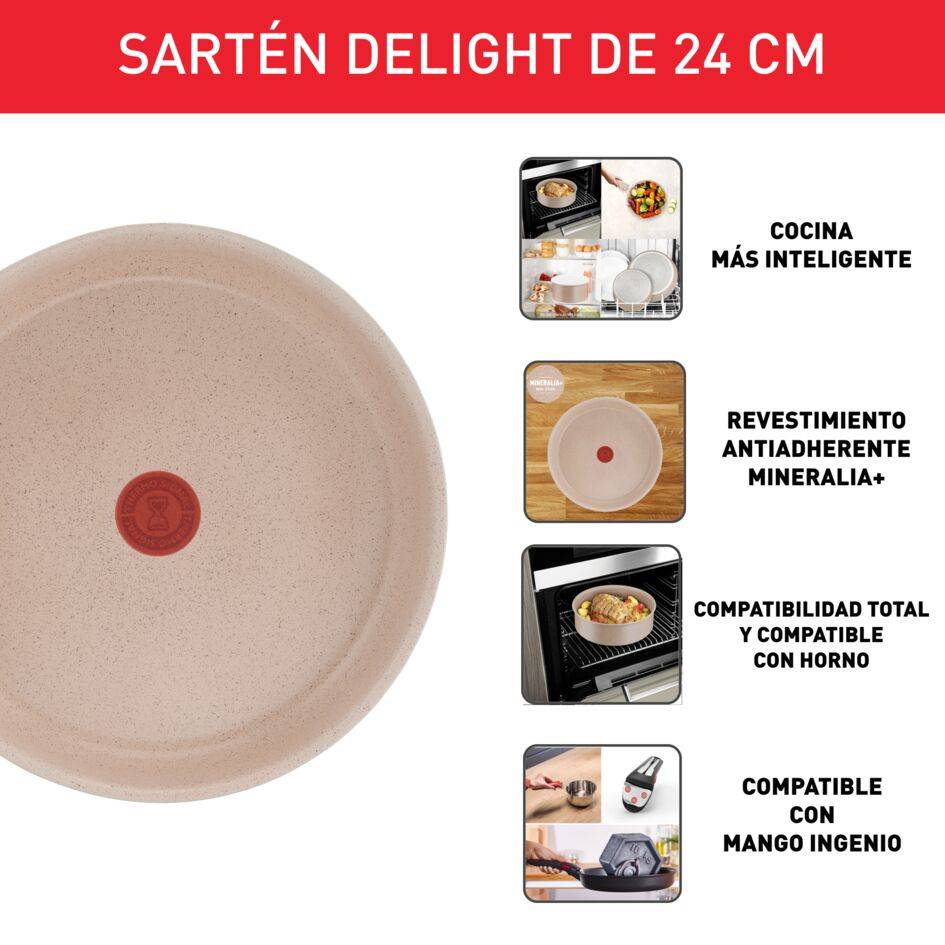 Ingenio Delight, Sartén 24 cm, Apilable, Revestimiento Antiadherente, Cuerpo de Aluminio 100% Reciclado, No Incluye Mango