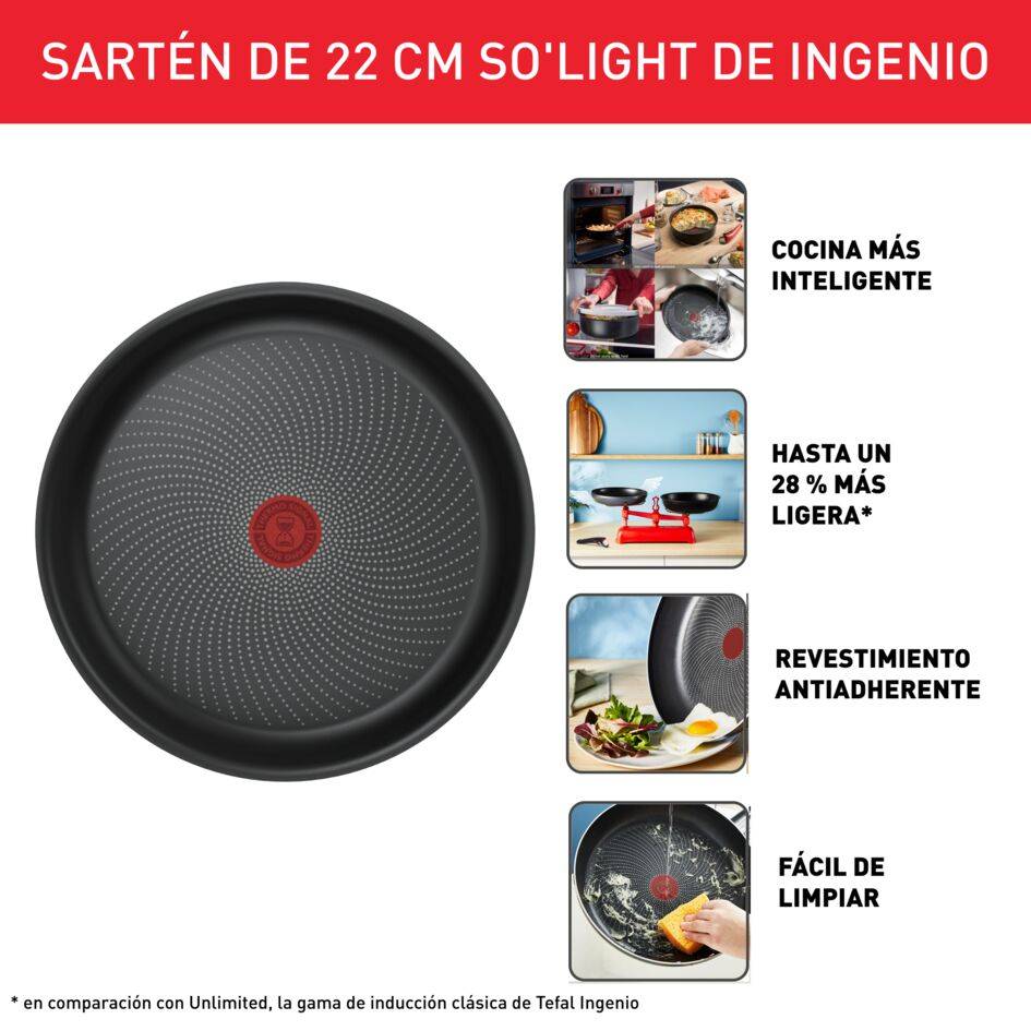 Ingenio So'Light, Sartén 22 cm, No Incluye Mango extraíble, Tecnología Light Tech, Revestimiento Antiadherente de Titanio