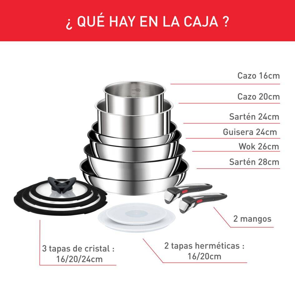 Ingenio Preference On, Set de cocina 13 piezas + 2 Mangos extraíbles, Acero inoxidable 18/10, Revestimiento antiadherente, Inducción