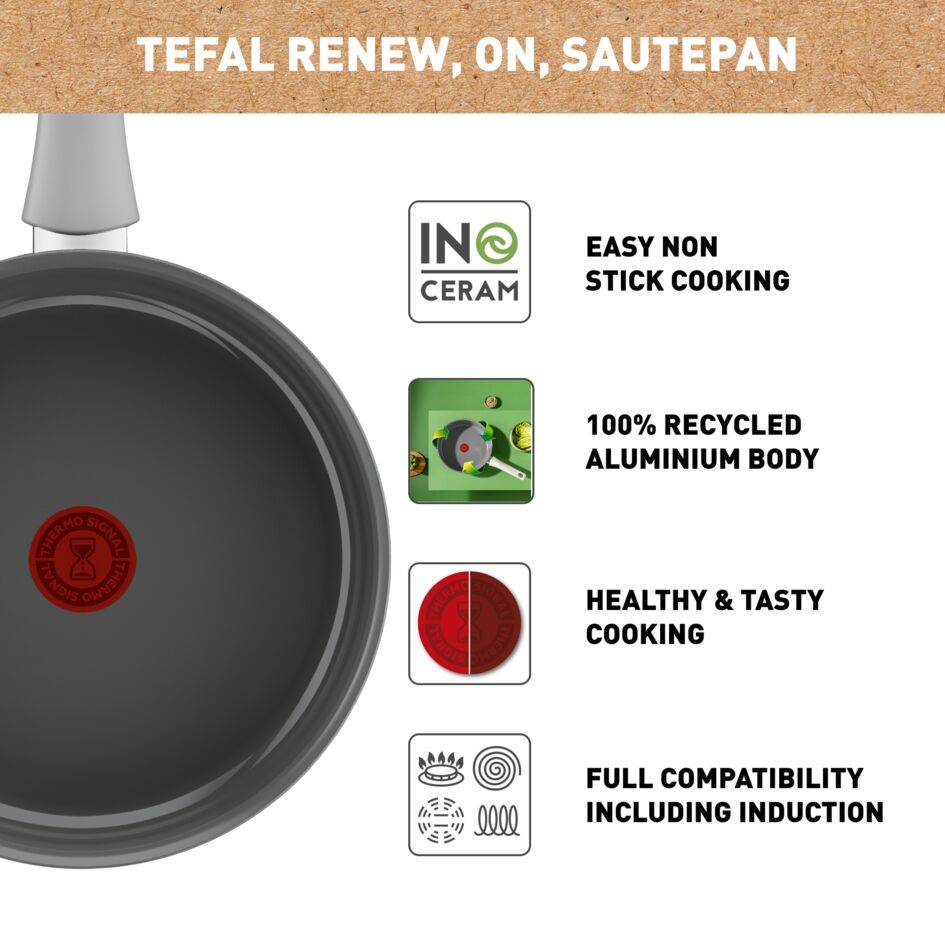 Renew On, Sartén Guisera 24 cm, Tapa de Cristal, Revestimiento de cermámica&nbsp;antiadherente, Diseño ecológico, Inducción