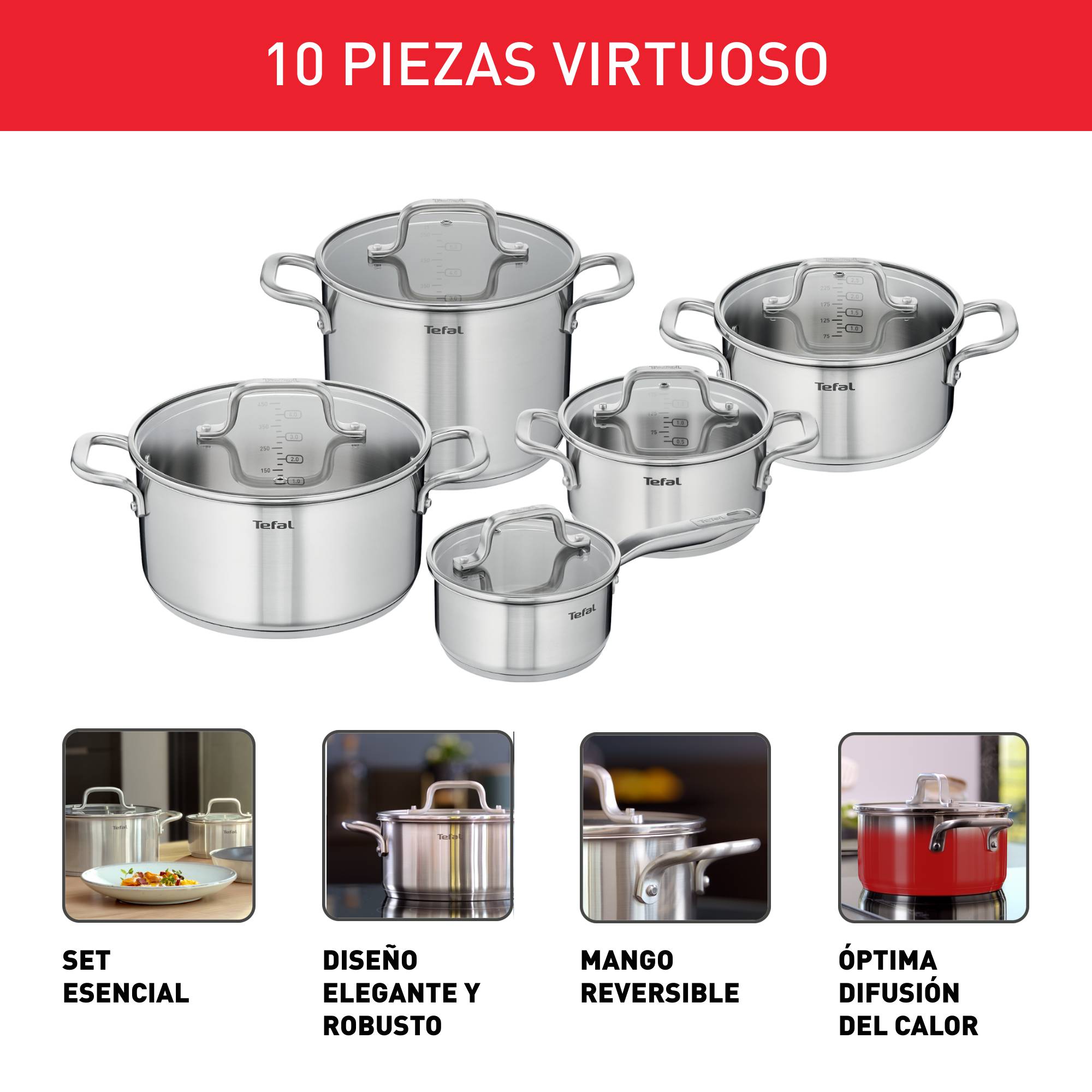 Set Virtuoso de 10 piezas: Cacerola de 16 cm, Ollas de 18/20/24 cm, Olla para pasta de 22 cm.