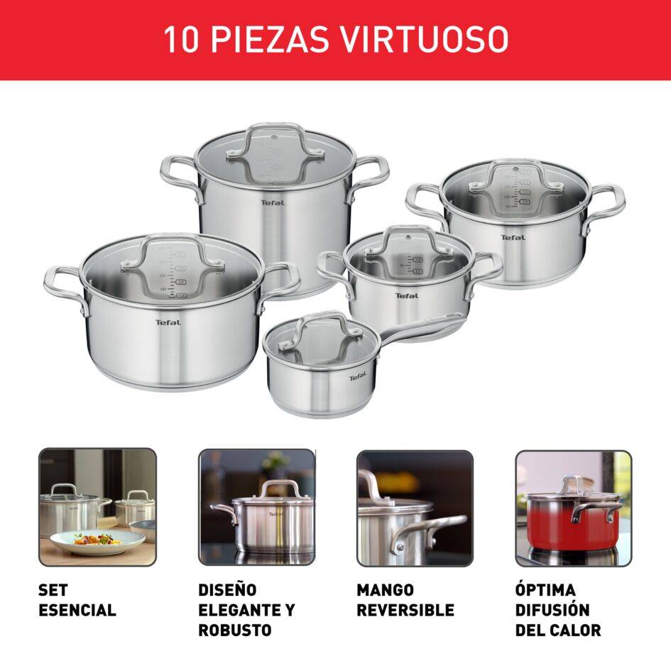 Set Virtuoso de 10 piezas: Cacerola de 16 cm, Ollas de 18/20/24 cm, Olla para pasta de 22 cm.