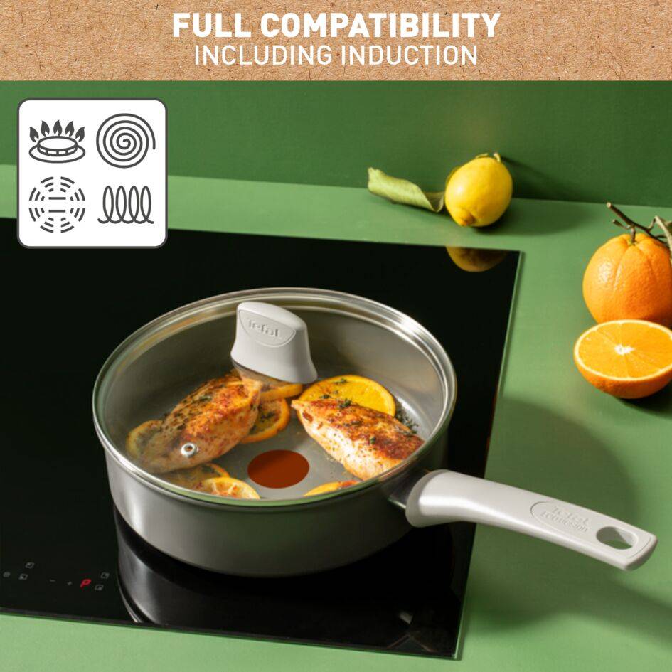 Renew On, Sartén Guisera 24 cm, Tapa de Cristal, Revestimiento de cermámica&nbsp;antiadherente, Diseño ecológico, Inducción