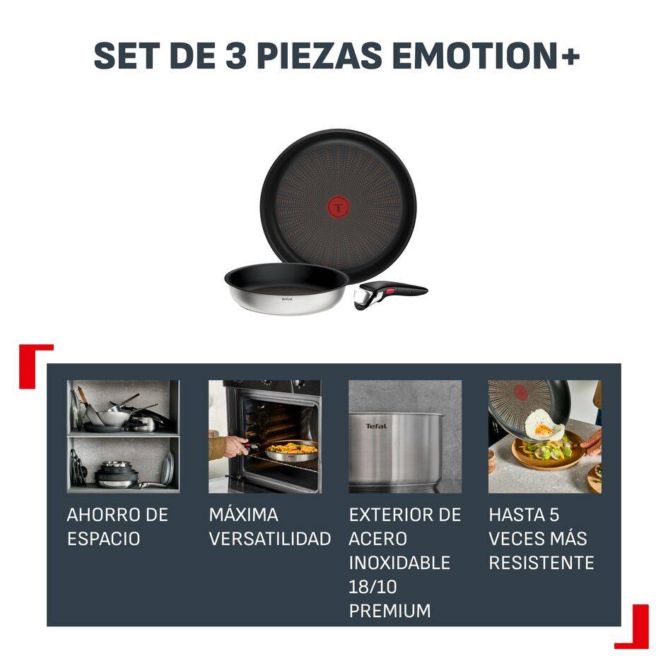 Ingenio Emotion+, Set de 3 Piezas, Acero inoxidable premium, Revestimiento antiadherente, Mango extraíble, Apilable, Apta con inducción