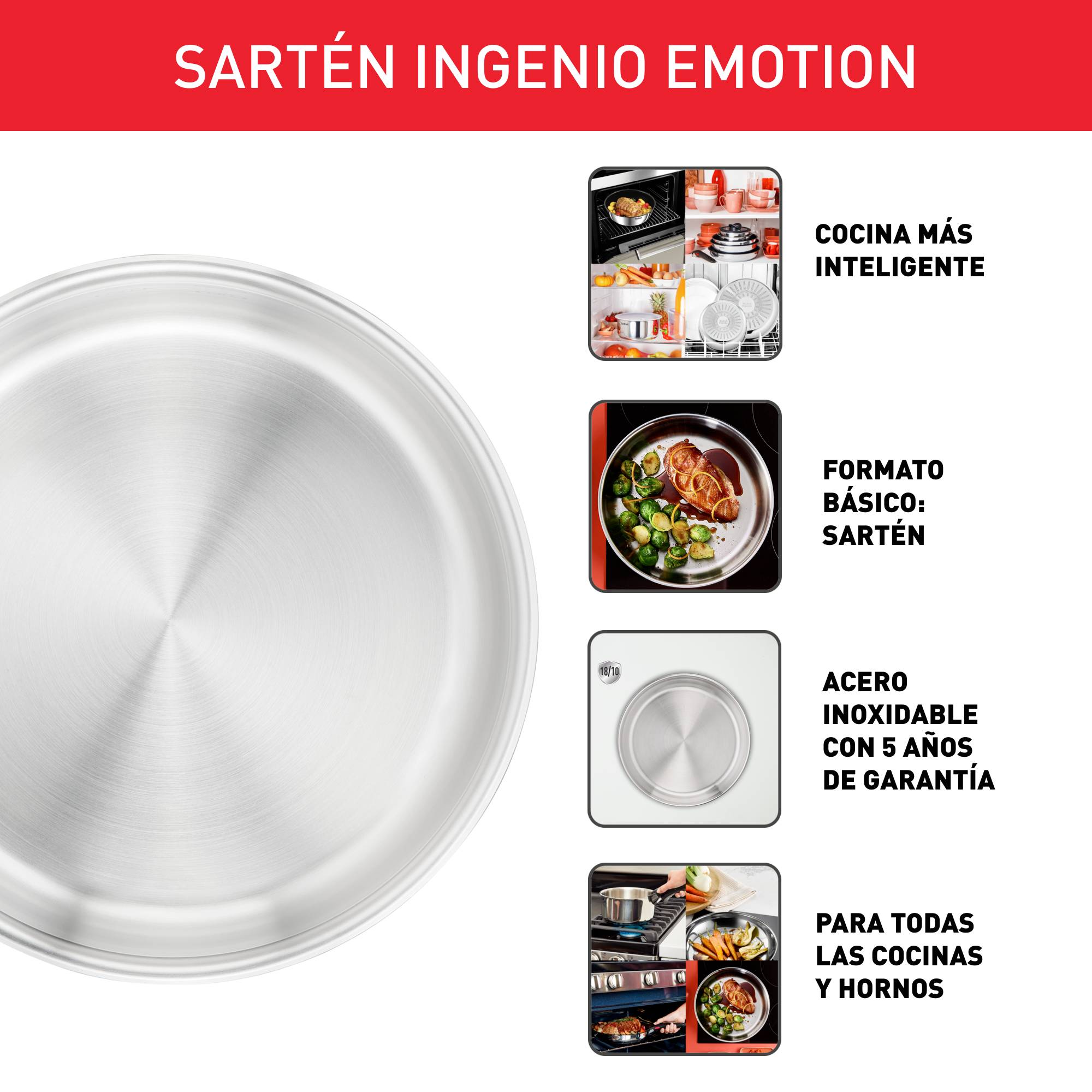 Ingenio Emotion, Sartén 24 cm, Acero Inoxidable, Sin Revestimiento, Apilable, Inducción