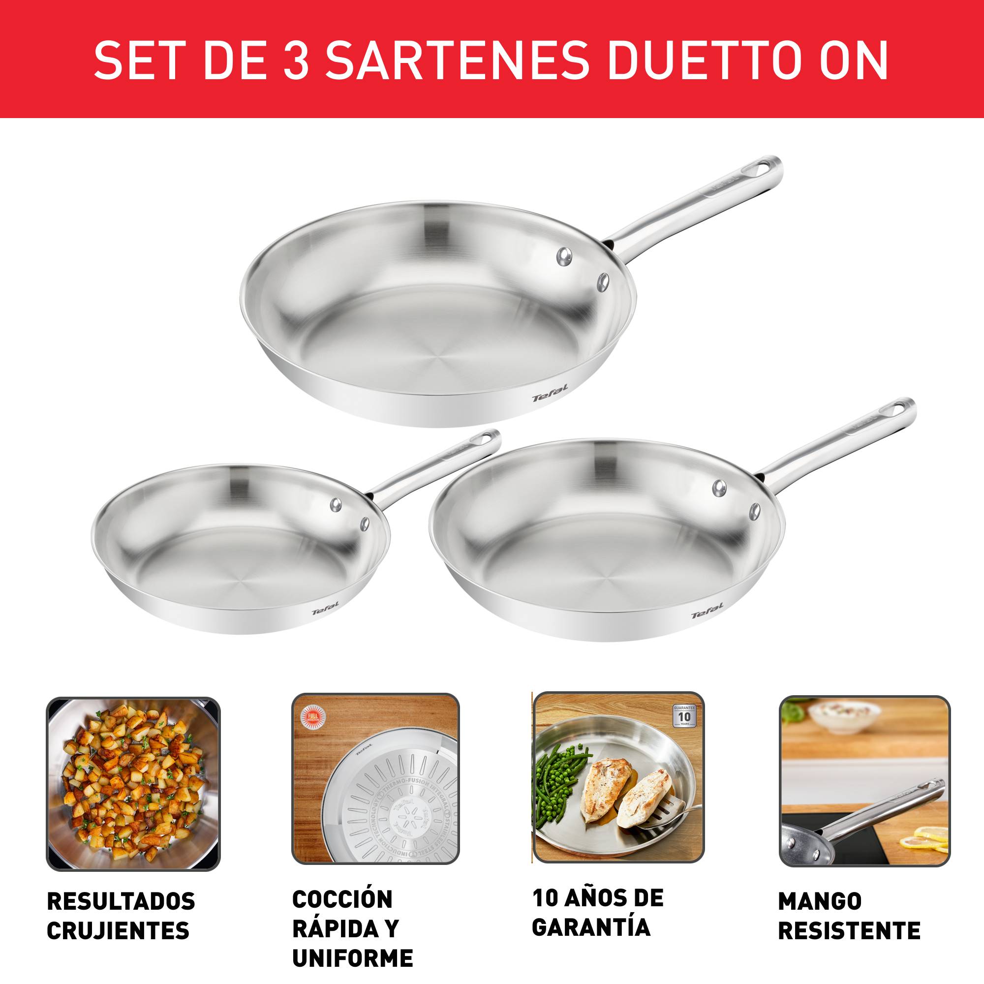 Duetto On, Set de 3 piezas, Sartenes 20/24/28 cm, Acero Inoxidable, Mango Fijo