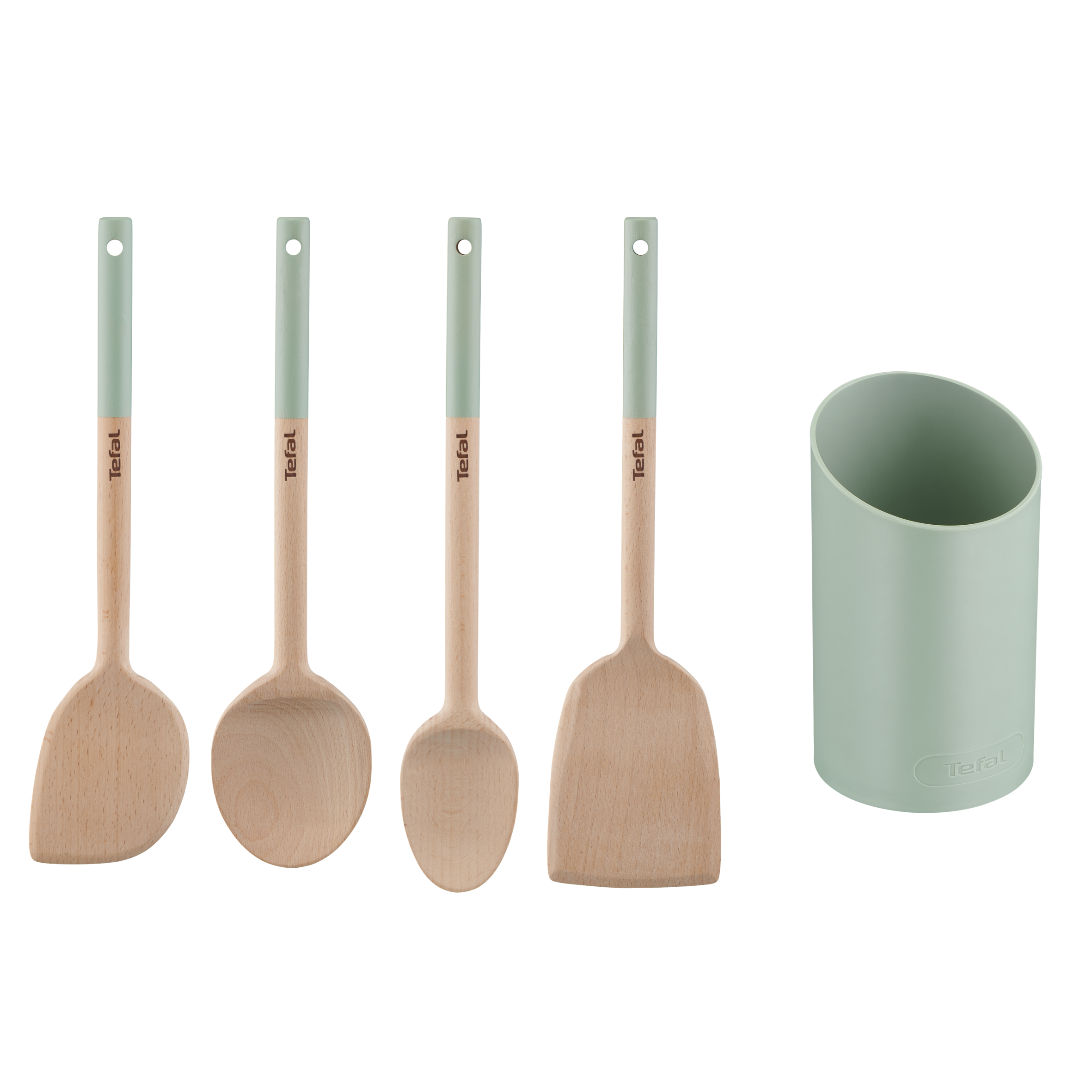 Natura, Set de Utensilios de cocina de madera, Mango pintado, Soporte, Sostenible, Resistente a arañazos