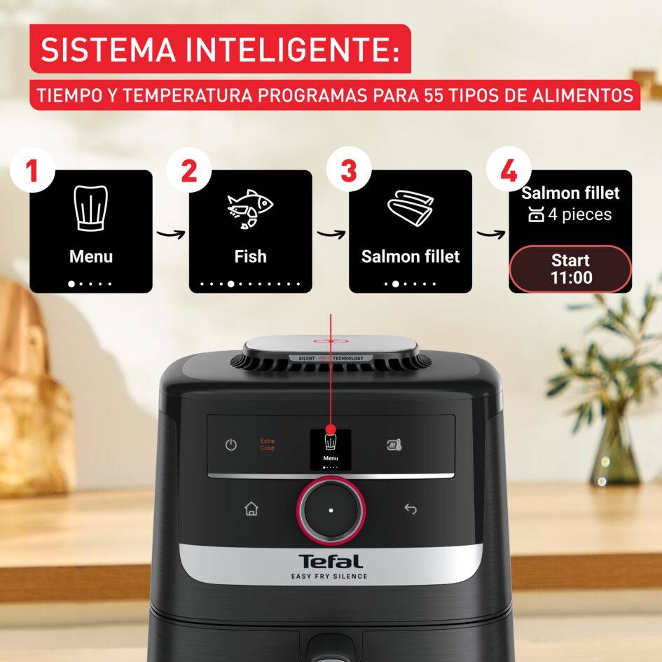 Easy Fry Smart & Silence, Freidora aire de 5 L, Tecnología silenciosa, Sistema Smart Assist, Negra