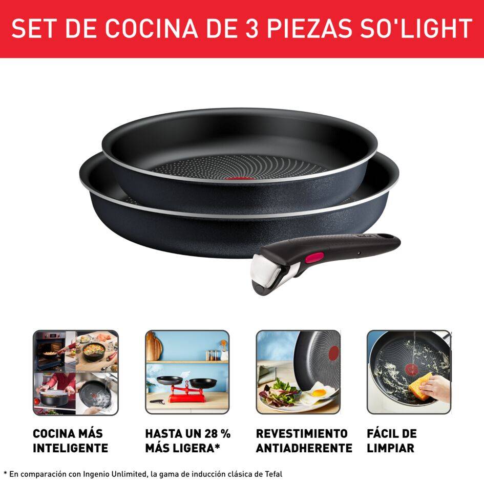 Ingenio So'Light, Set de 3 piezas, Sartenes 24/28 cm, Mango extraíble, Tecnología Light Tech, Revestimiento Antiadherente de Titanio
