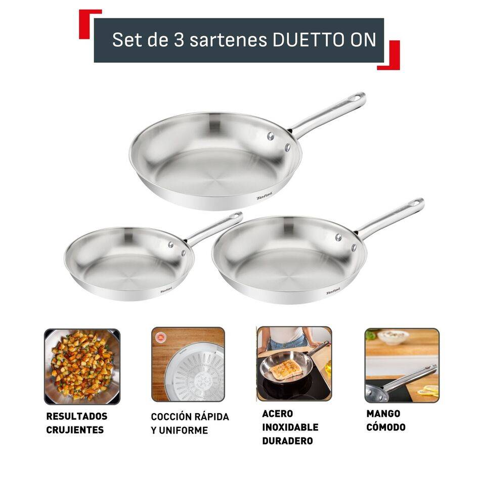 Duetto On, Set de 3 piezas, Sartenes 20/24/28 cm, Acero Inoxidable, Mango Fijo
