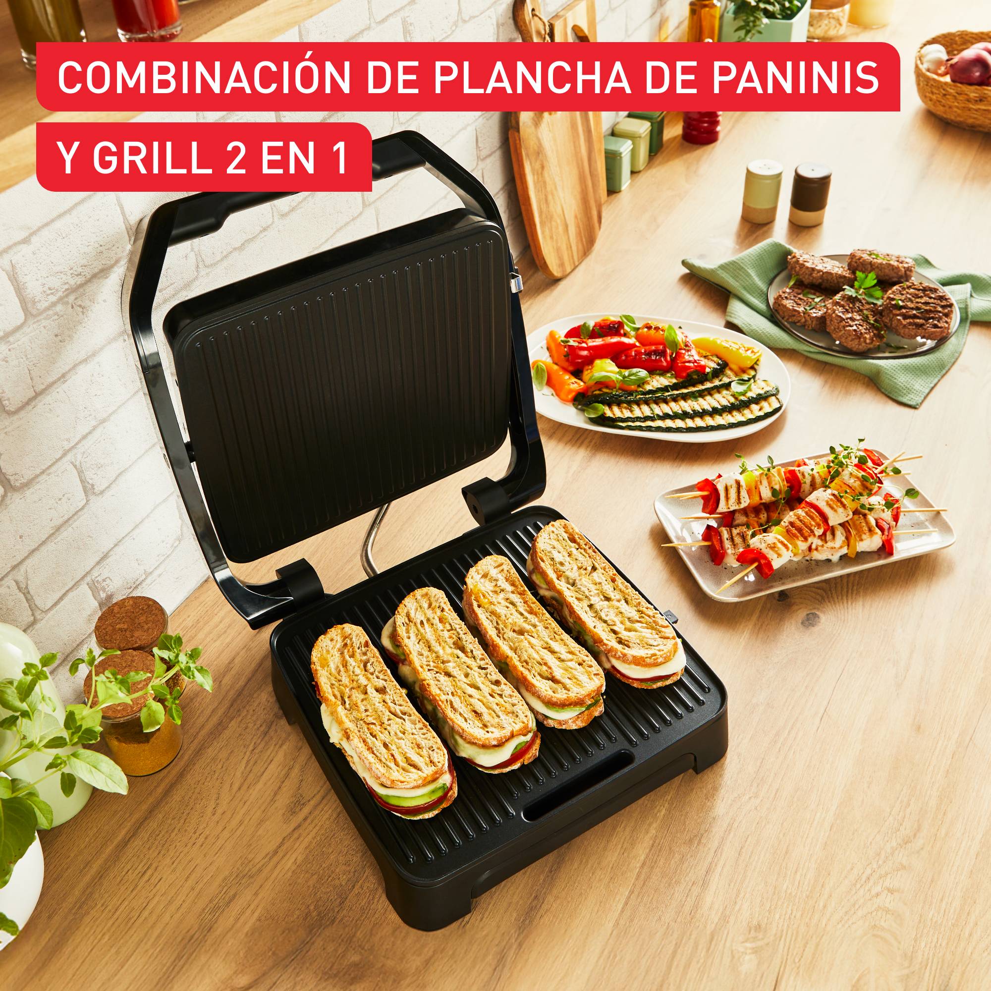 Inicio Adjust, Plancha de paninis y grill, 2 en 1, Termostato regulable, Gran capacidad, Placas antiadherentes, Bandeja de goteo