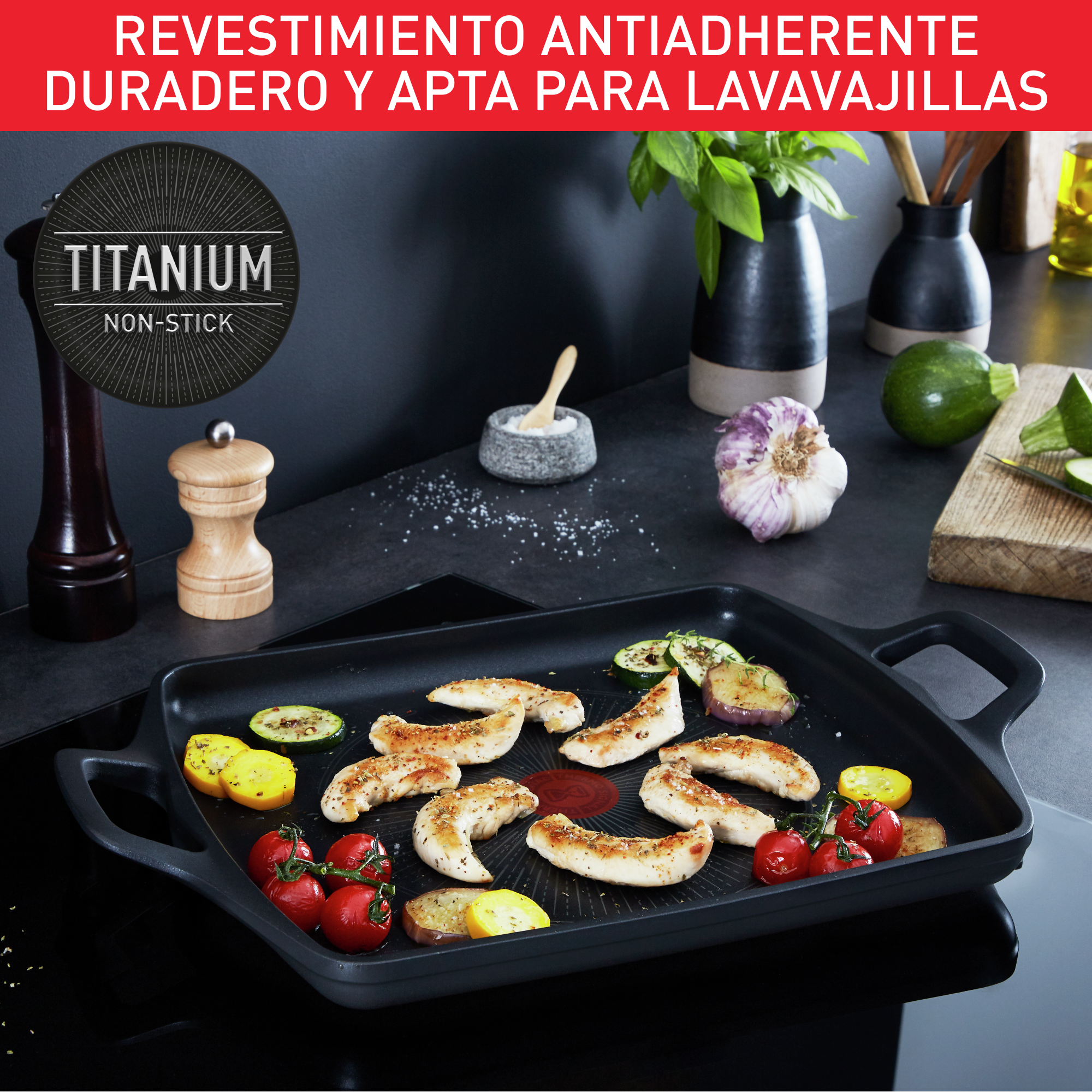 Robusto, Plancha 26x32 cm, Aluminio fundido, Retención de calor, Revestimiento antiadherente, Negro