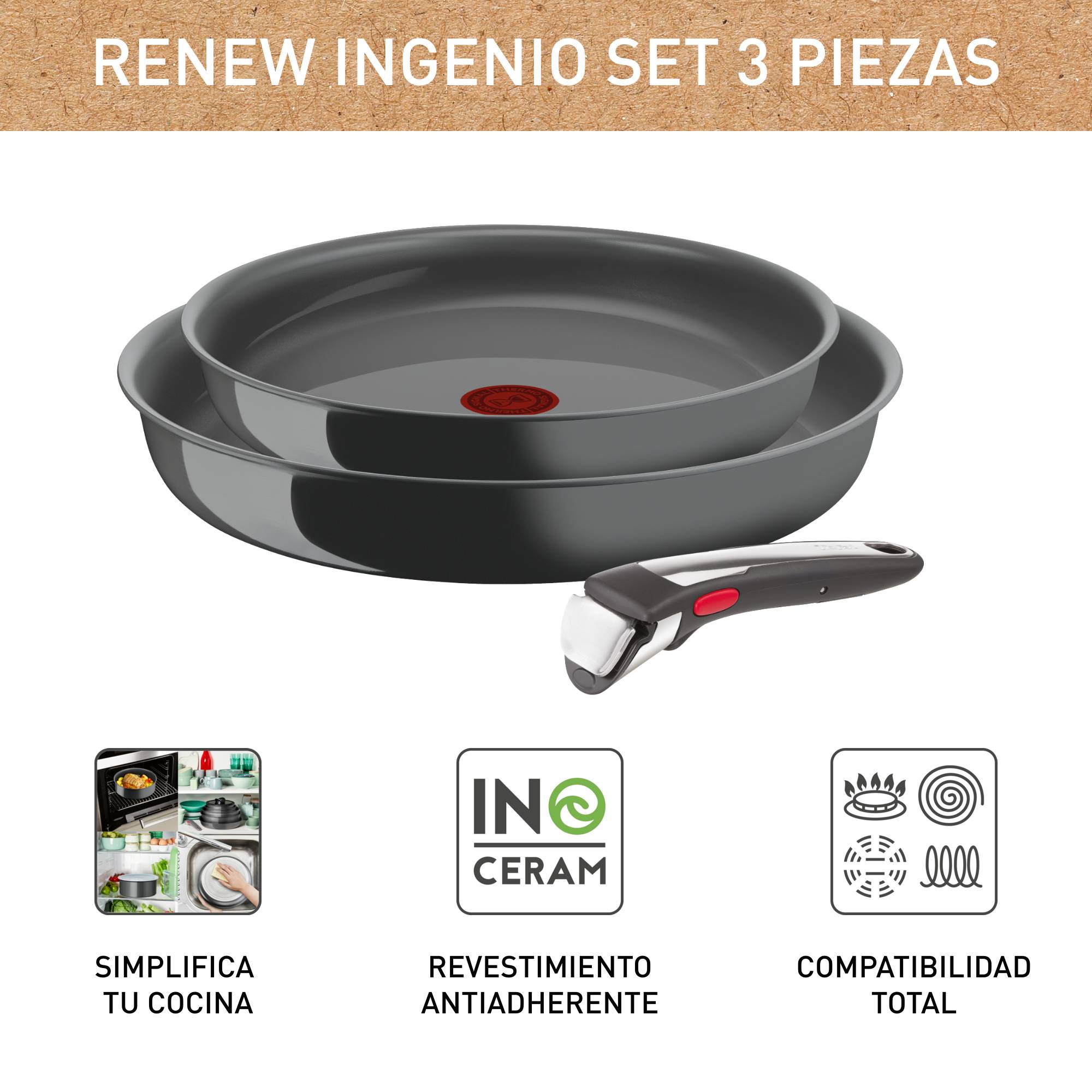 Ingenio Renew On, Set de Sartenes 24/28 cm + Mango Extraíble, Cerámica Antiadherente, Inducción, Gris