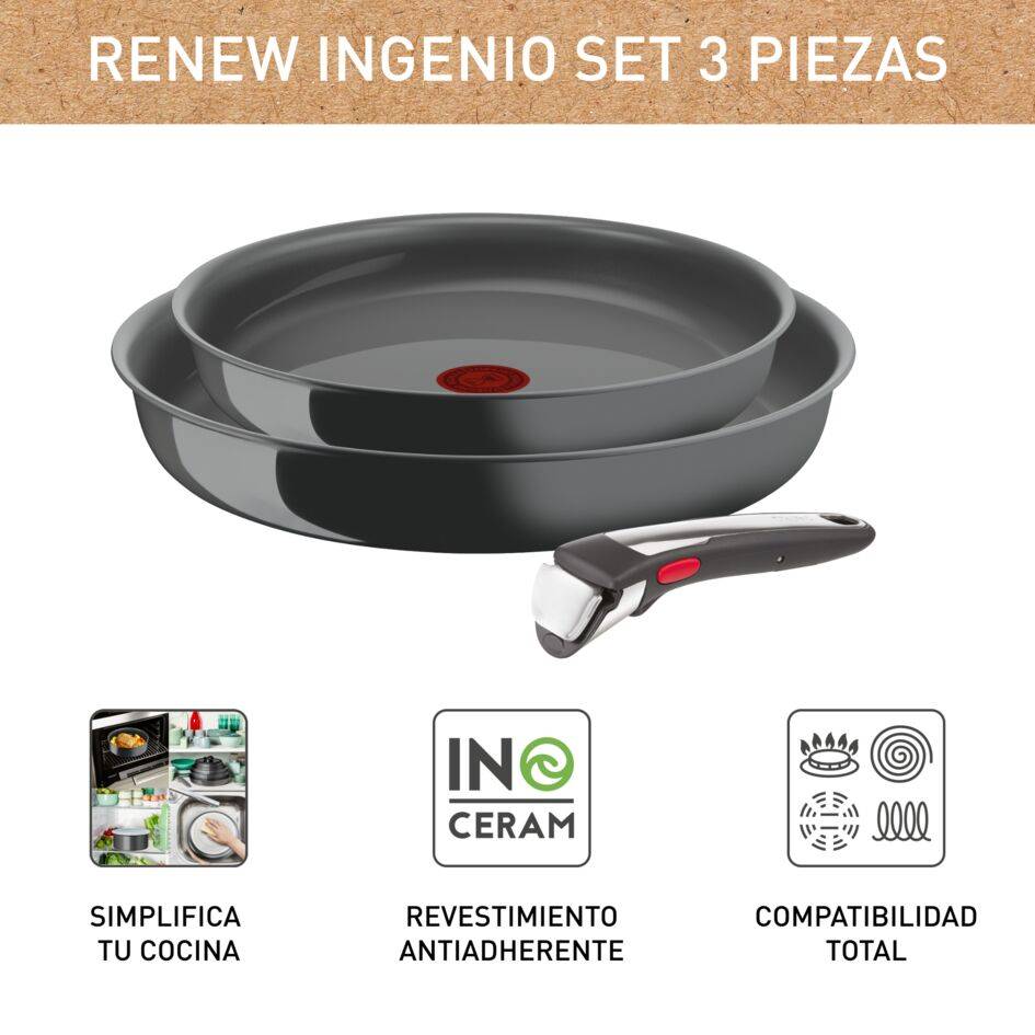Ingenio Renew On, Set de Sartenes 24/28 cm + Mango Extraíble, Cerámica Antiadherente, Inducción, Gris