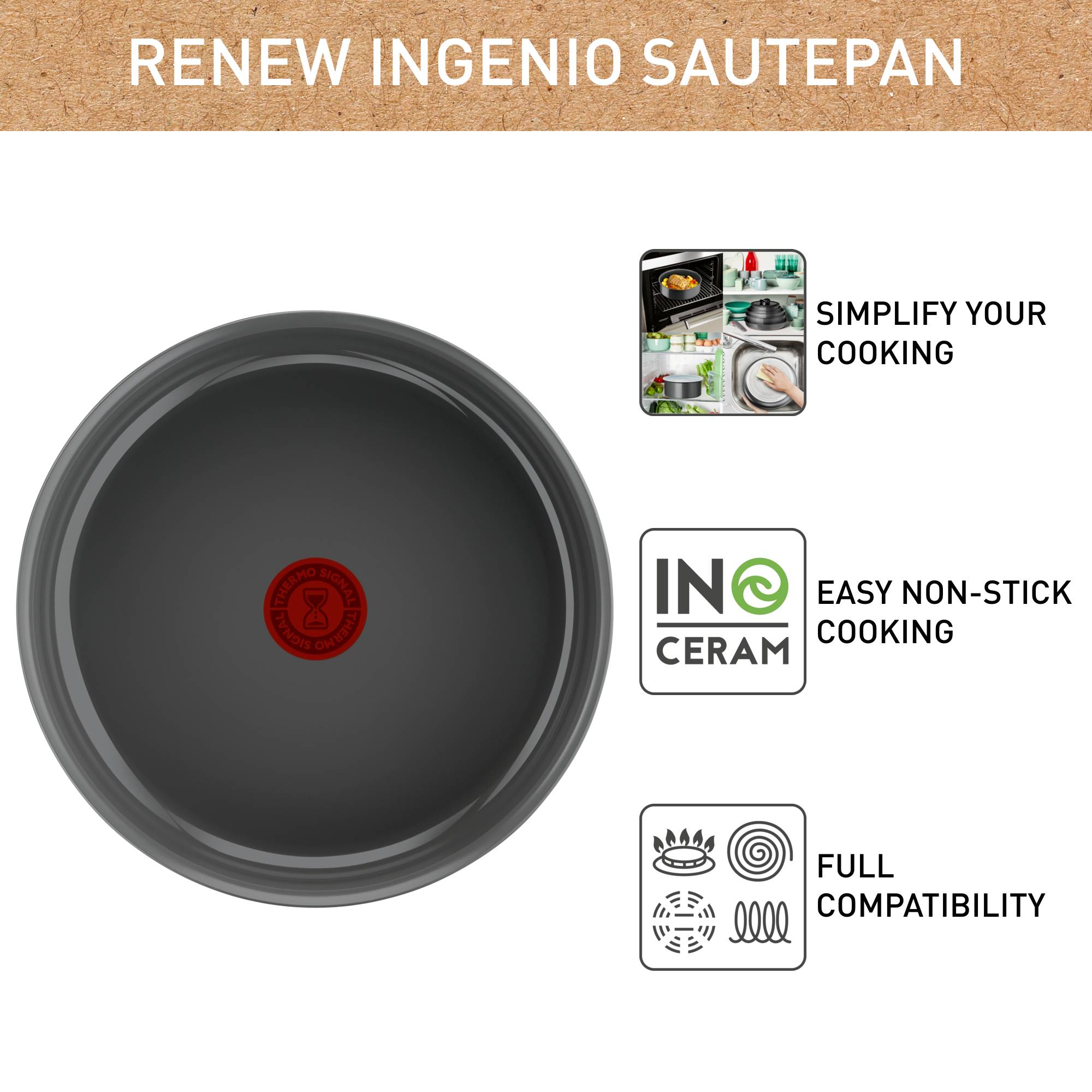Ingenio Renew, Sartén Guisera 24 cm, Apilable, Revestimiento de cerámica antiadherente, Diseño ecológico, Inducción