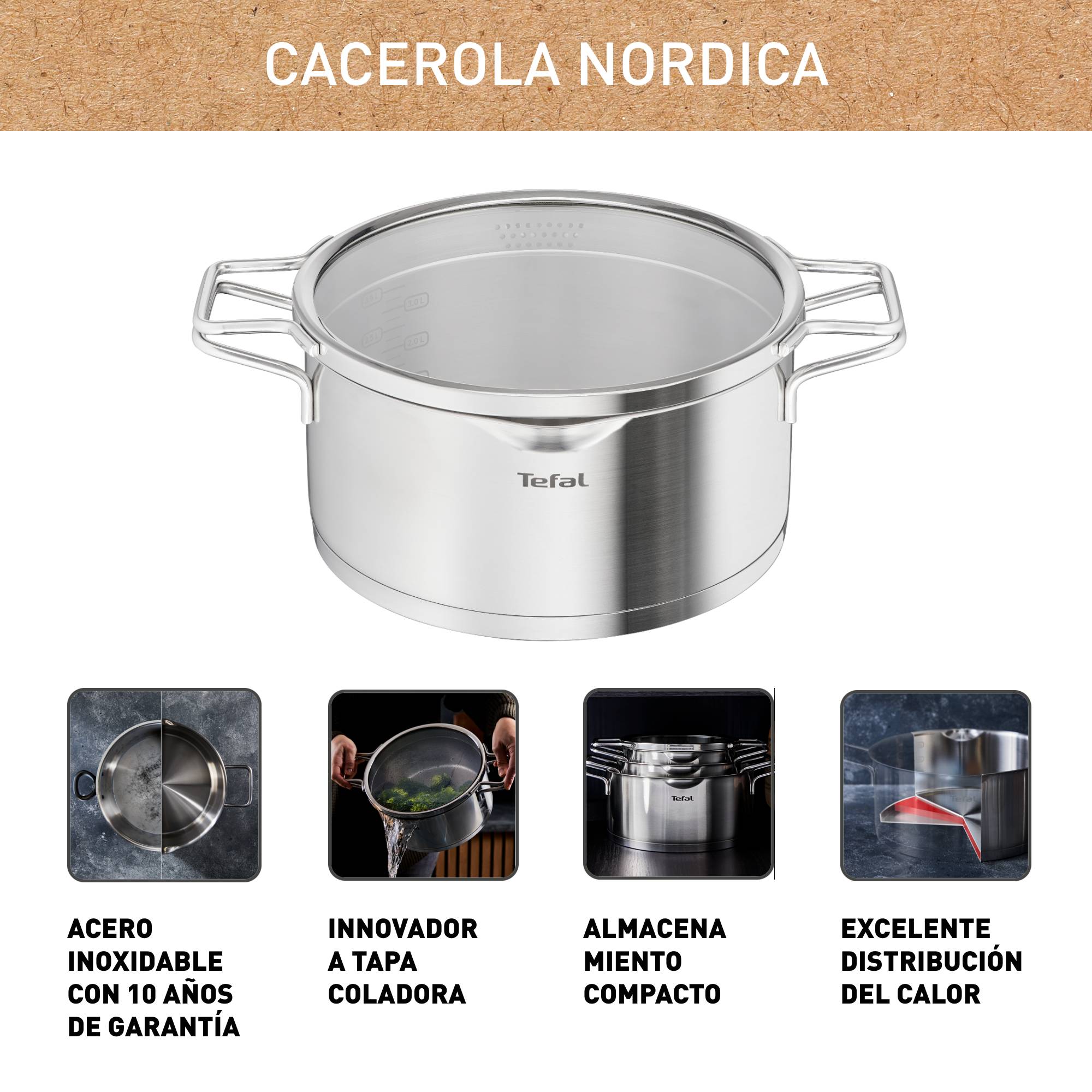 Nordica, Cacerola 24 cm, Acero inoxidable Premium, Tapa Colador, Apilable, Sostenible, Inducción