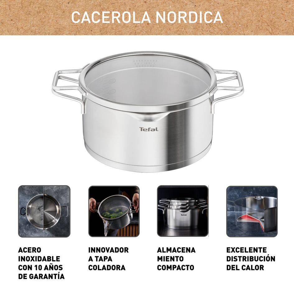 Nordica, Cacerola 20 cm, Acero inoxidable premium, Tapa Colador, Sostenibilidad, Inducción